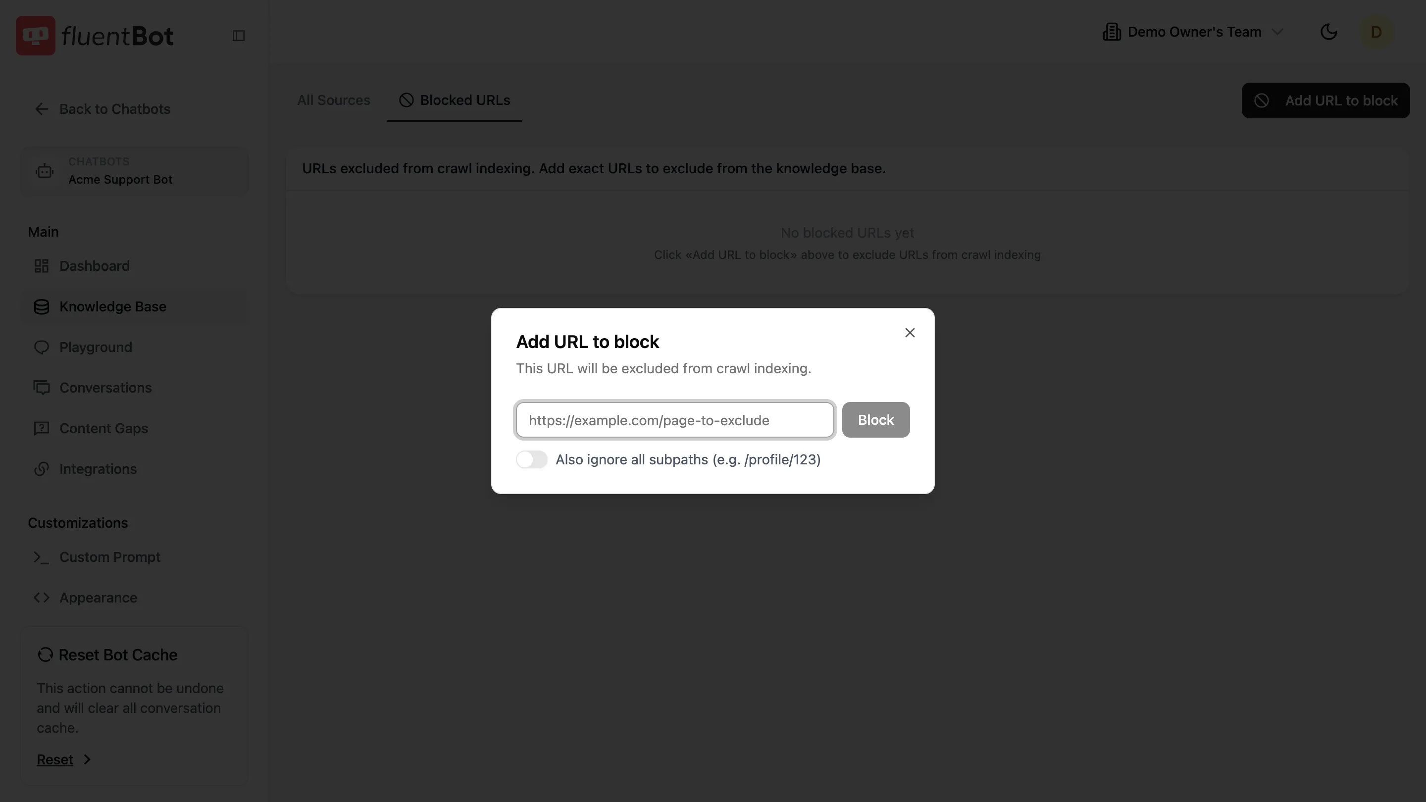 Add URL to block dialog with URL field, Block button, and 'Also ignore all subpaths' toggle