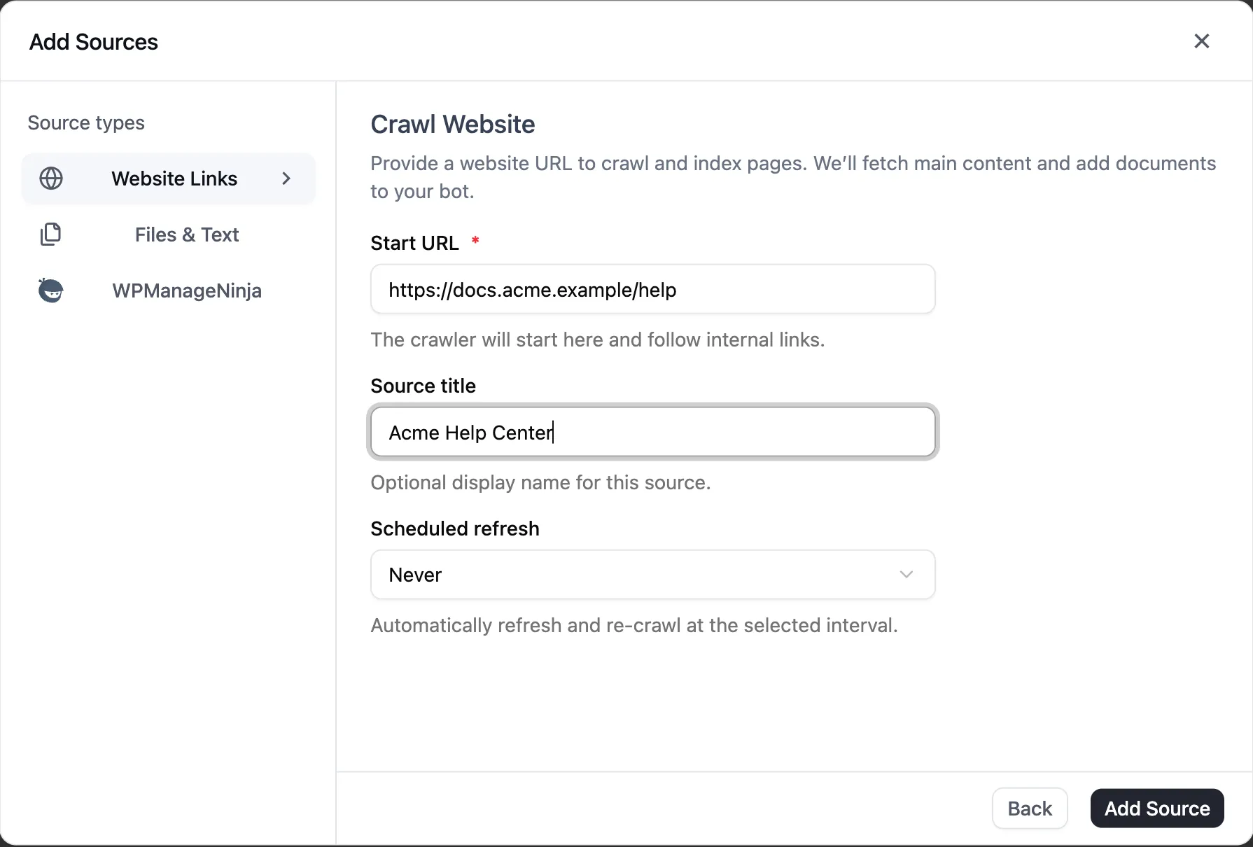 Crawl Website source form with Start URL, Source title, Scheduled refresh, and Add Source button