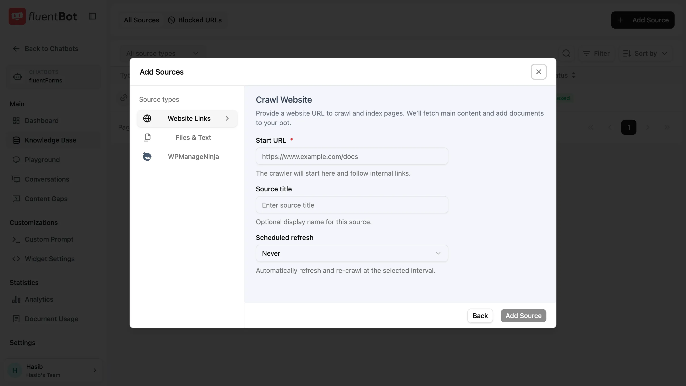 Crawl Website source form with Start URL, Source title, Scheduled refresh, and Add Source button