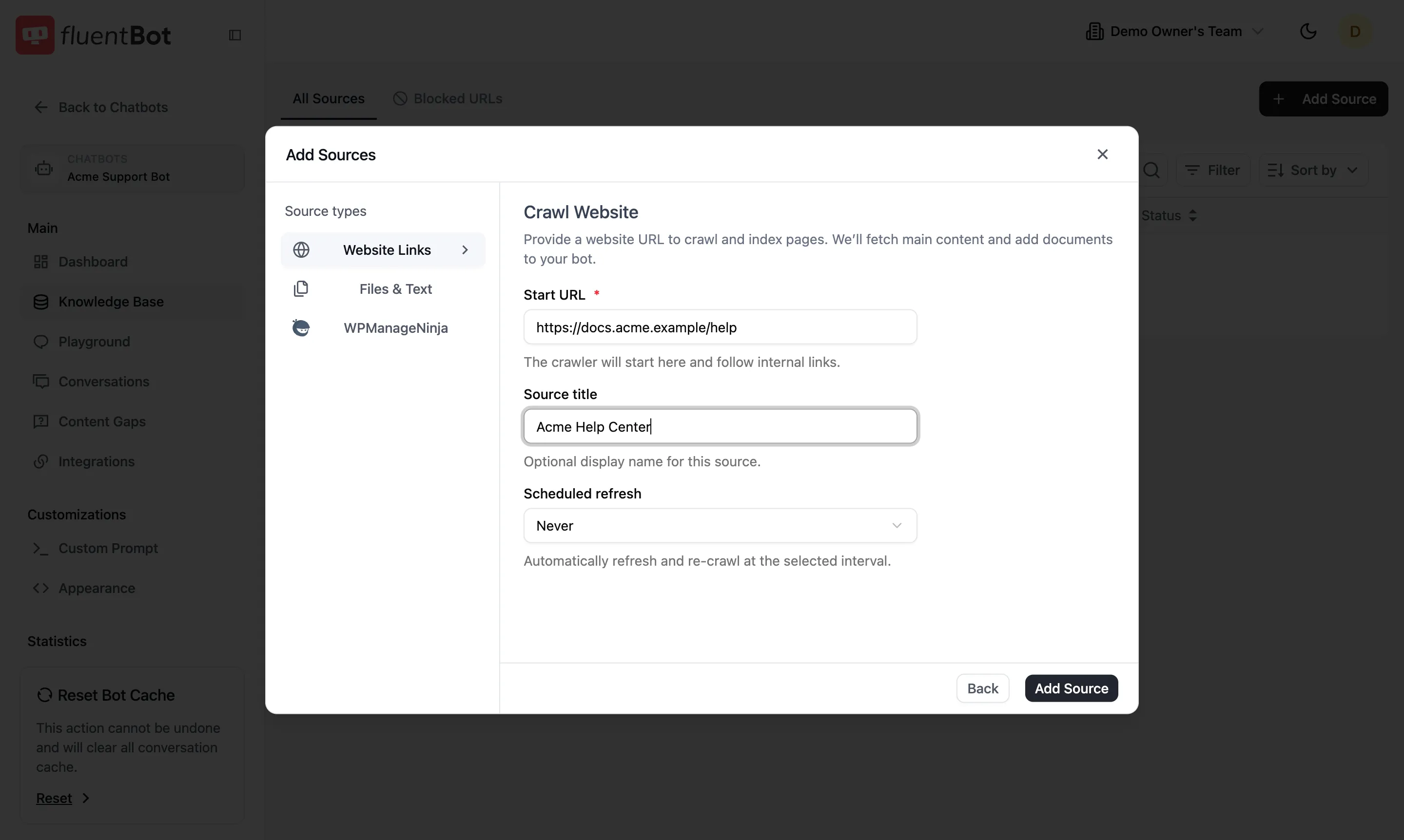 Crawl Website form with Start URL, Source title, Scheduled refresh dropdown