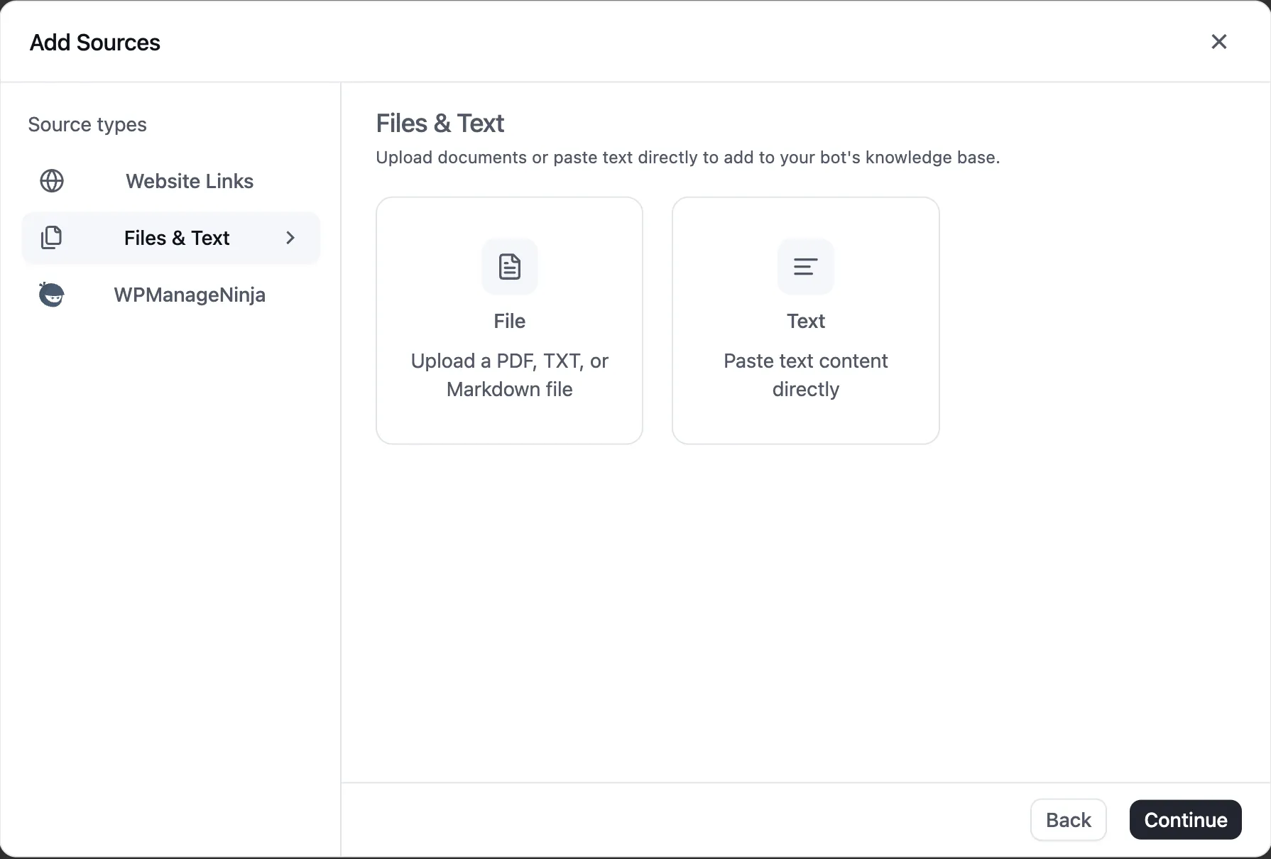 Add Sources dialog with Files and Text selected, showing File and Text source cards