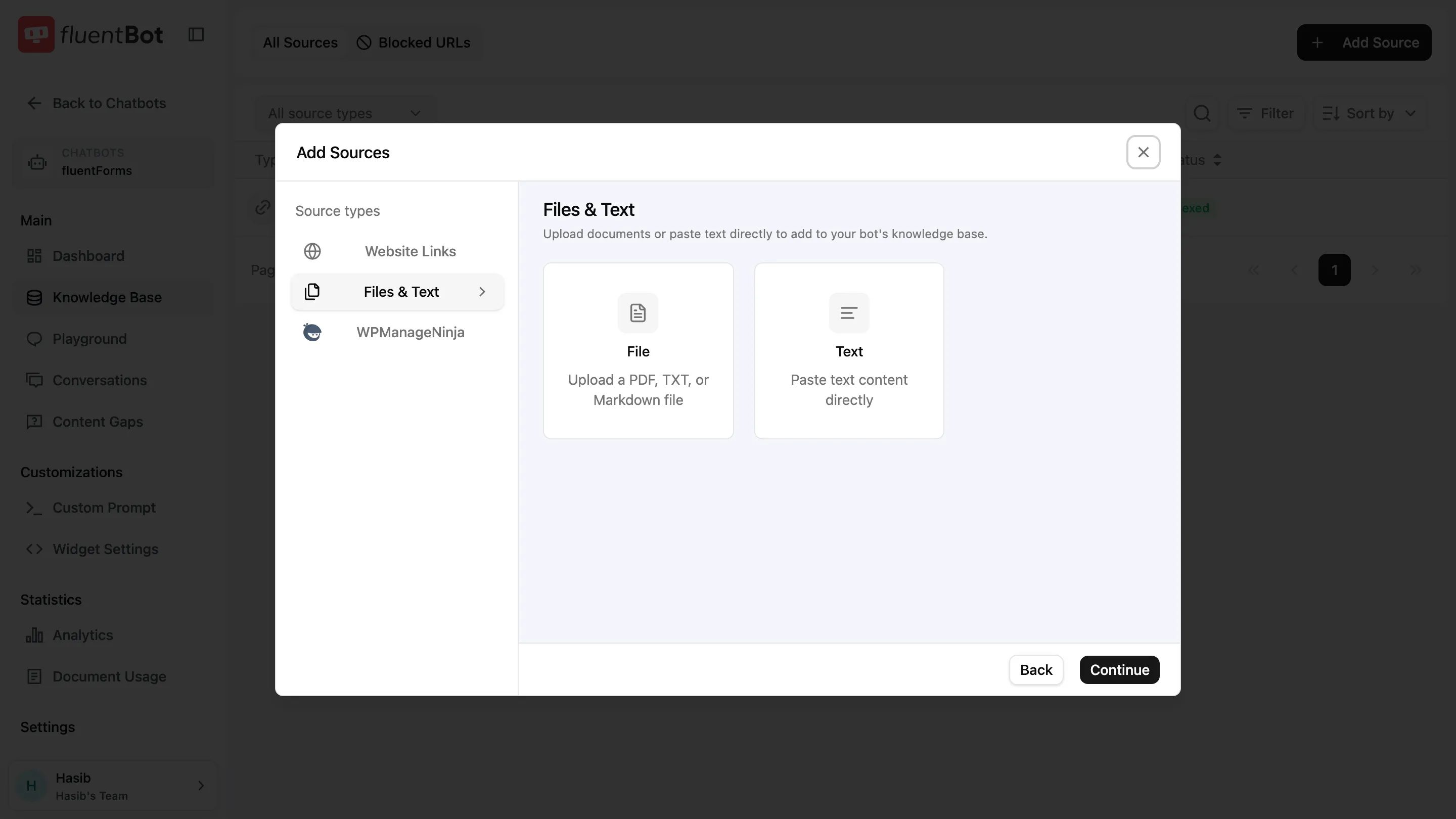 Add Sources dialog with Files and Text selected, showing File and Text source cards