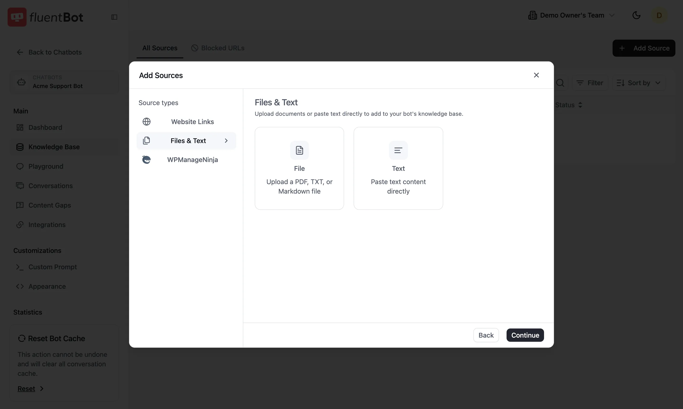 Add Sources picker — Files & Text tab with File and Text cards
