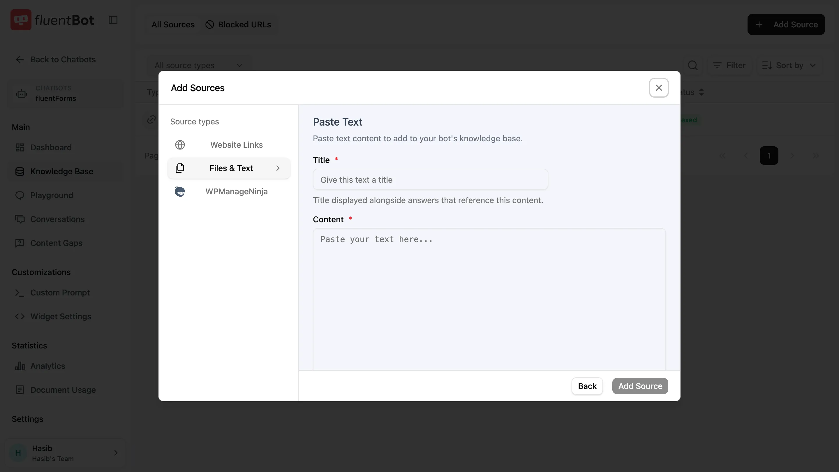 Paste Text form with Title and Content fields filled