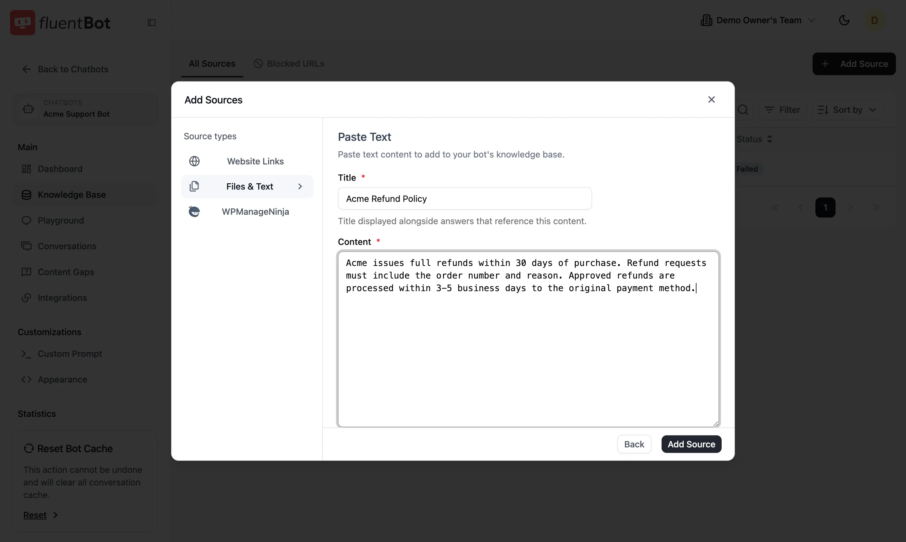 Paste Text form with Title and Content fields filled