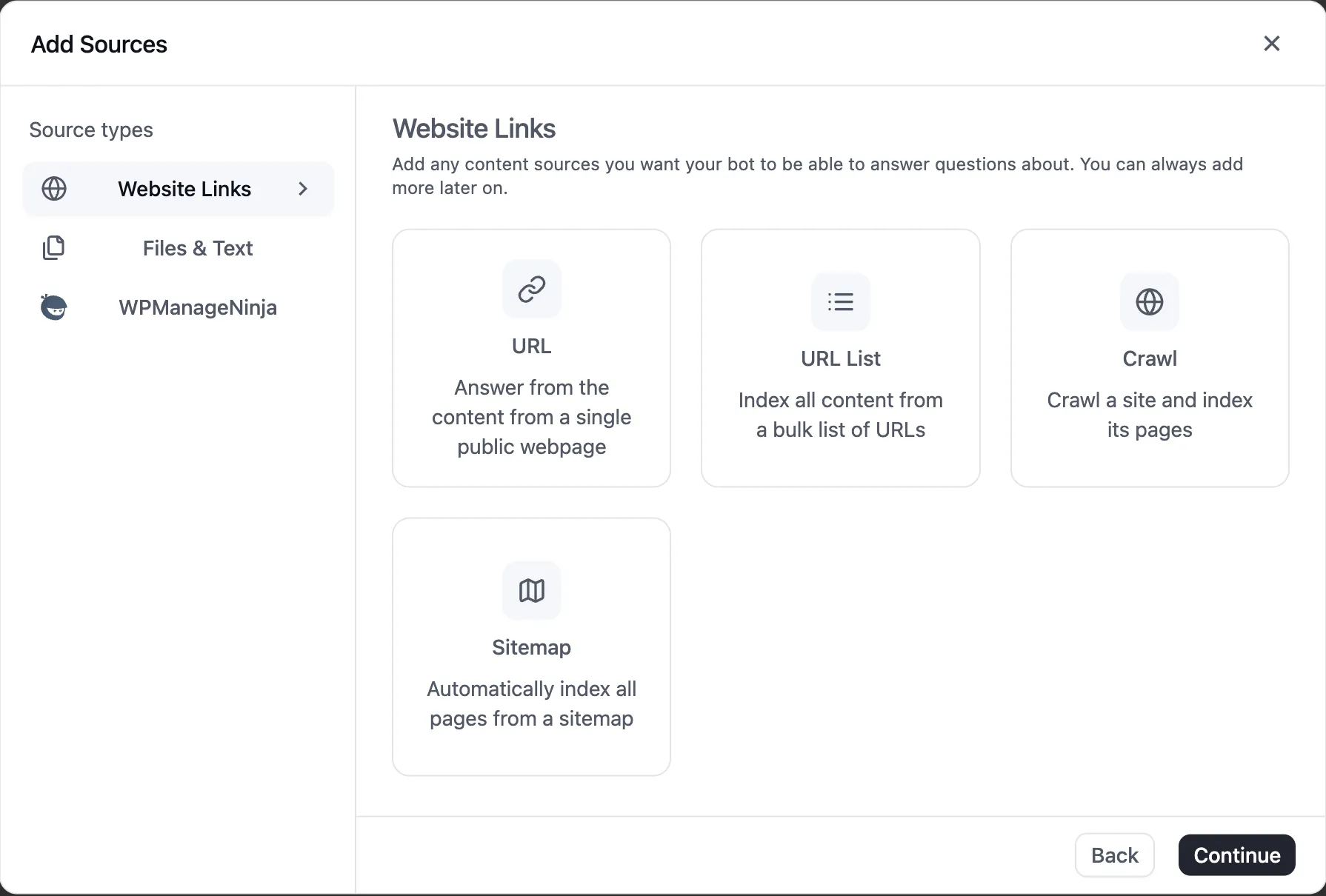 Add Sources dialog showing Website Links, Files and Text, and WPManageNinja source families