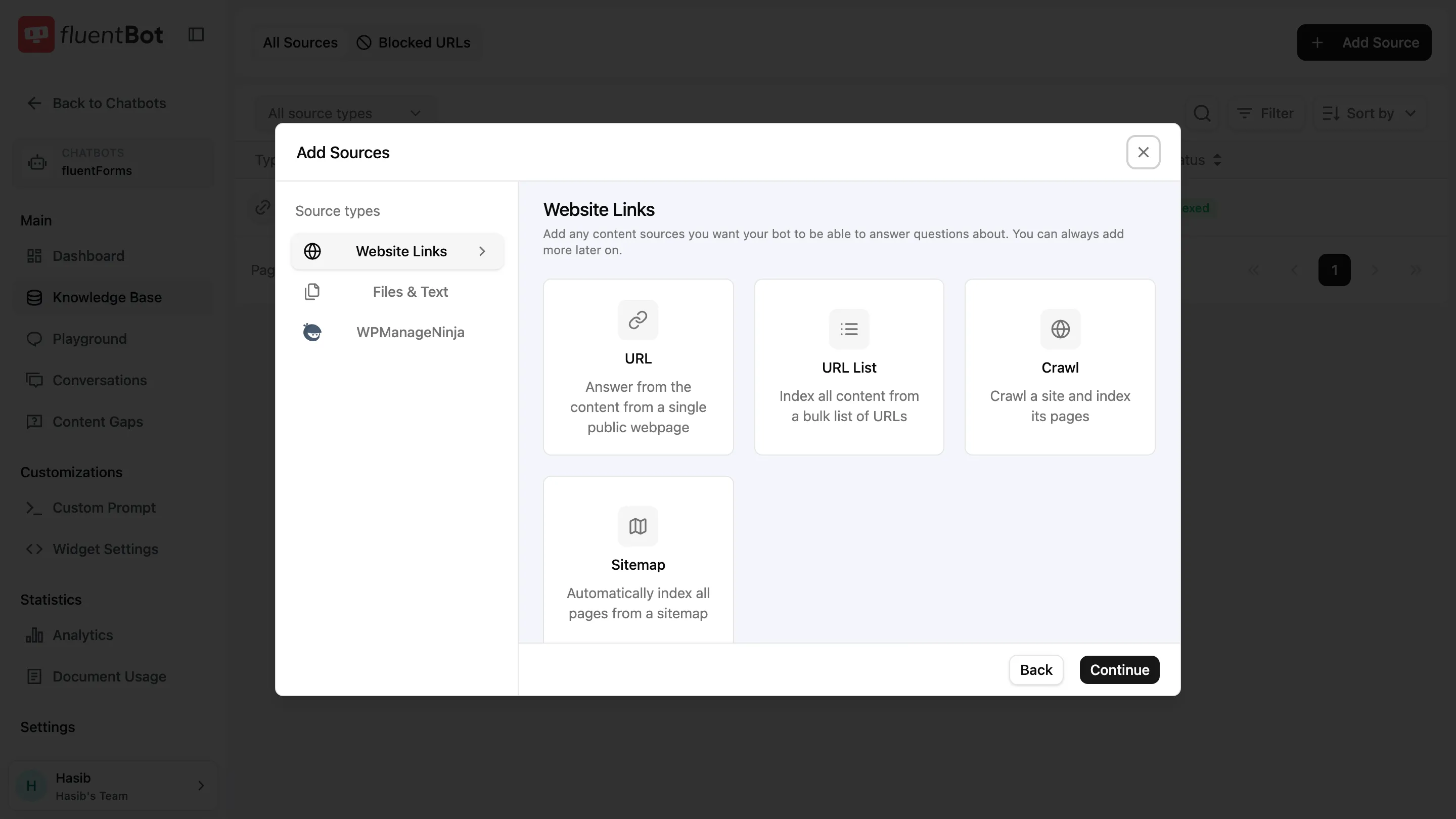 Add Sources dialog showing Website Links, Files and Text, and WPManageNinja source families
