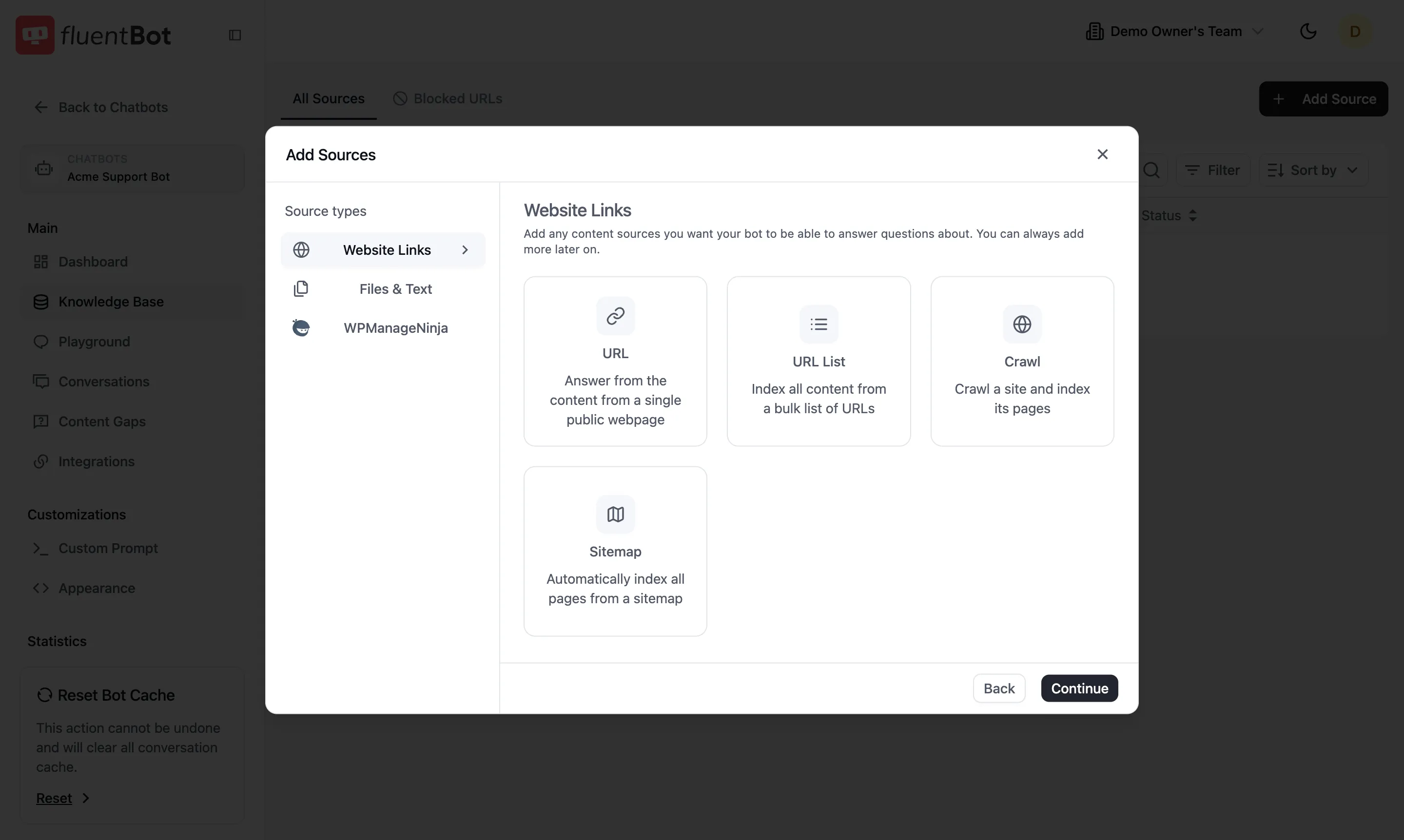 Add Sources picker — Website Links tab with URL, URL List, Crawl, Sitemap cards