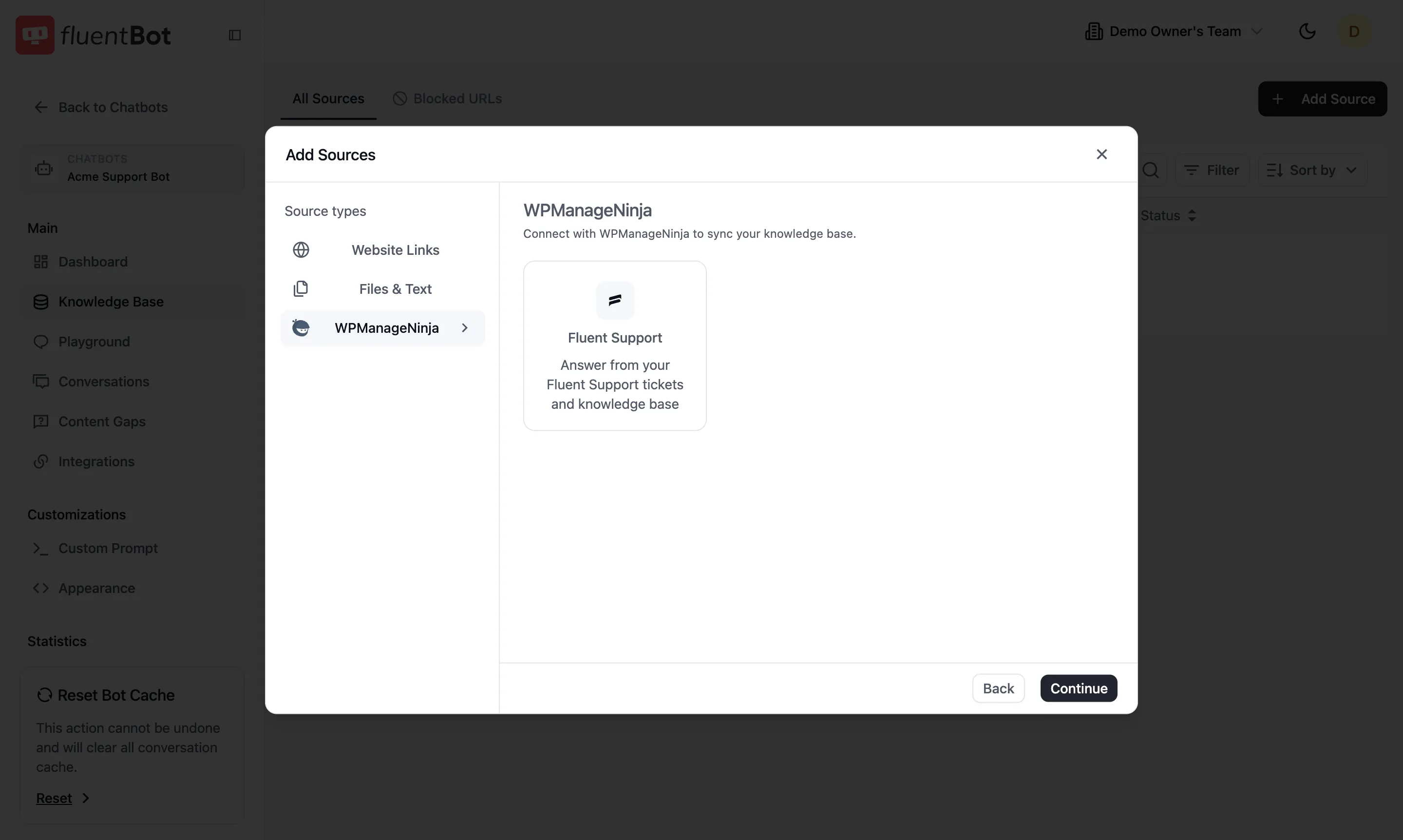 Add Sources picker — WPManageNinja tab with Fluent Support card