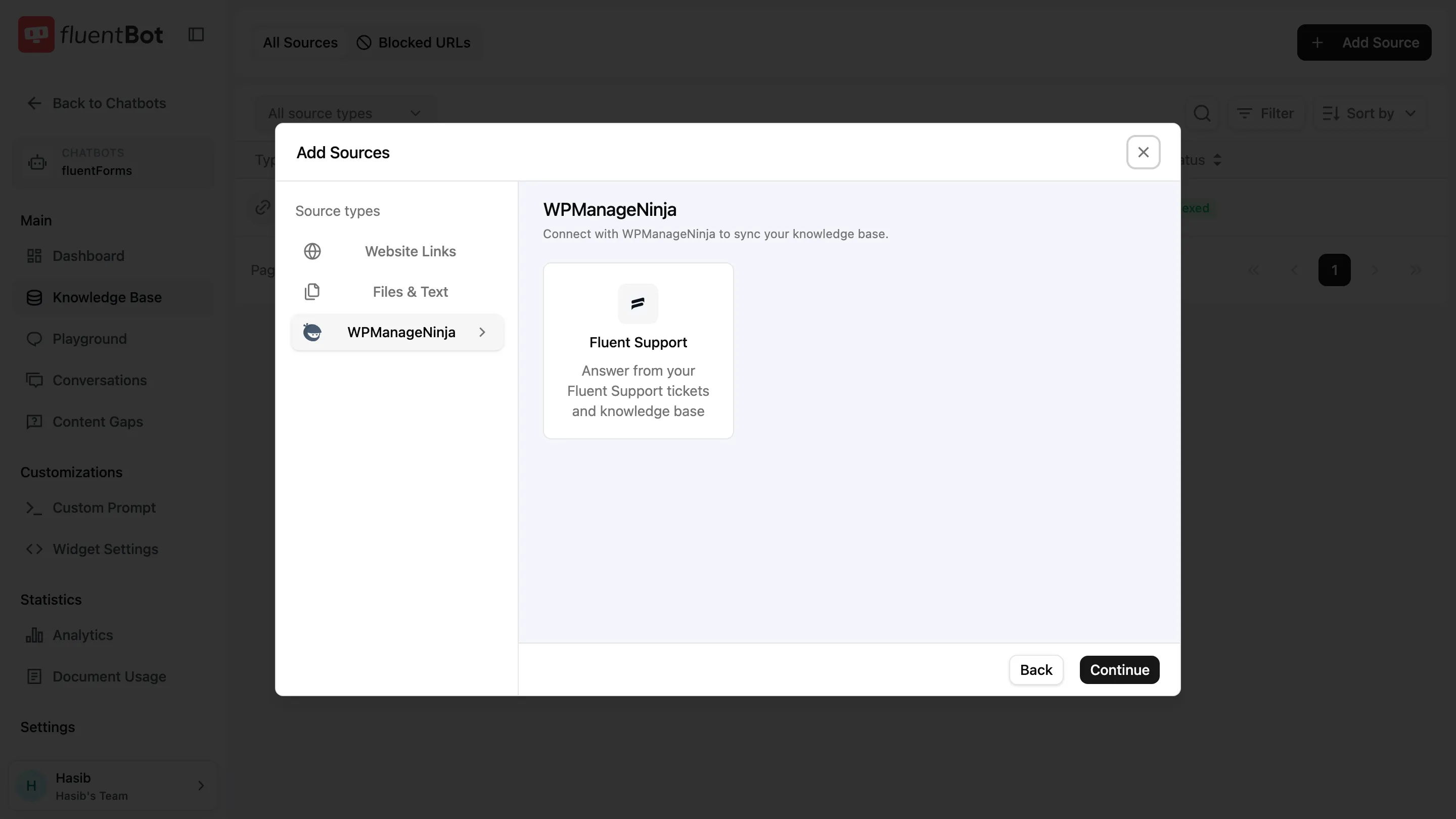 Add Sources dialog with WPManageNinja selected and a Fluent Support source card