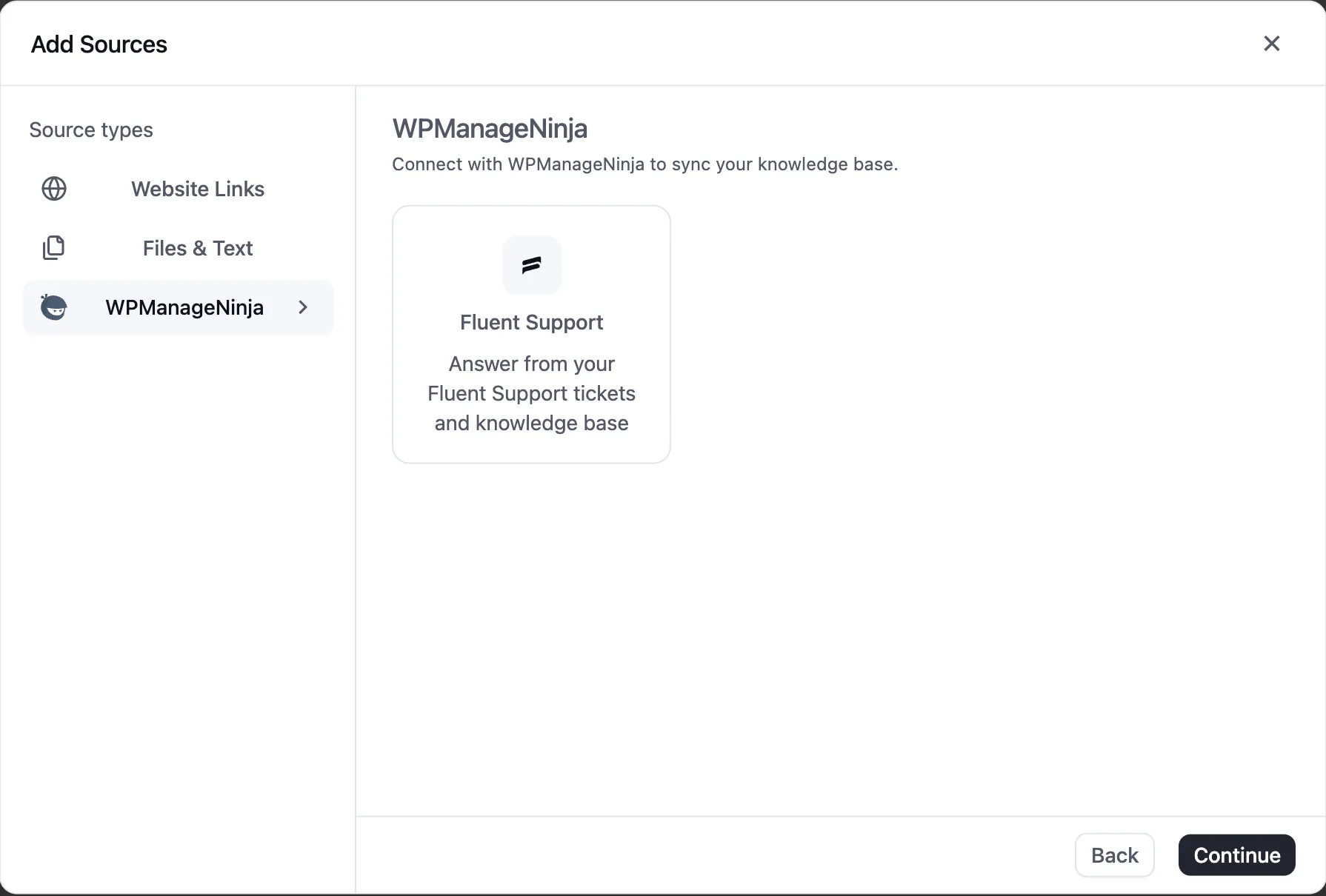 Add Sources dialog with WPManageNinja selected and a Fluent Support source card