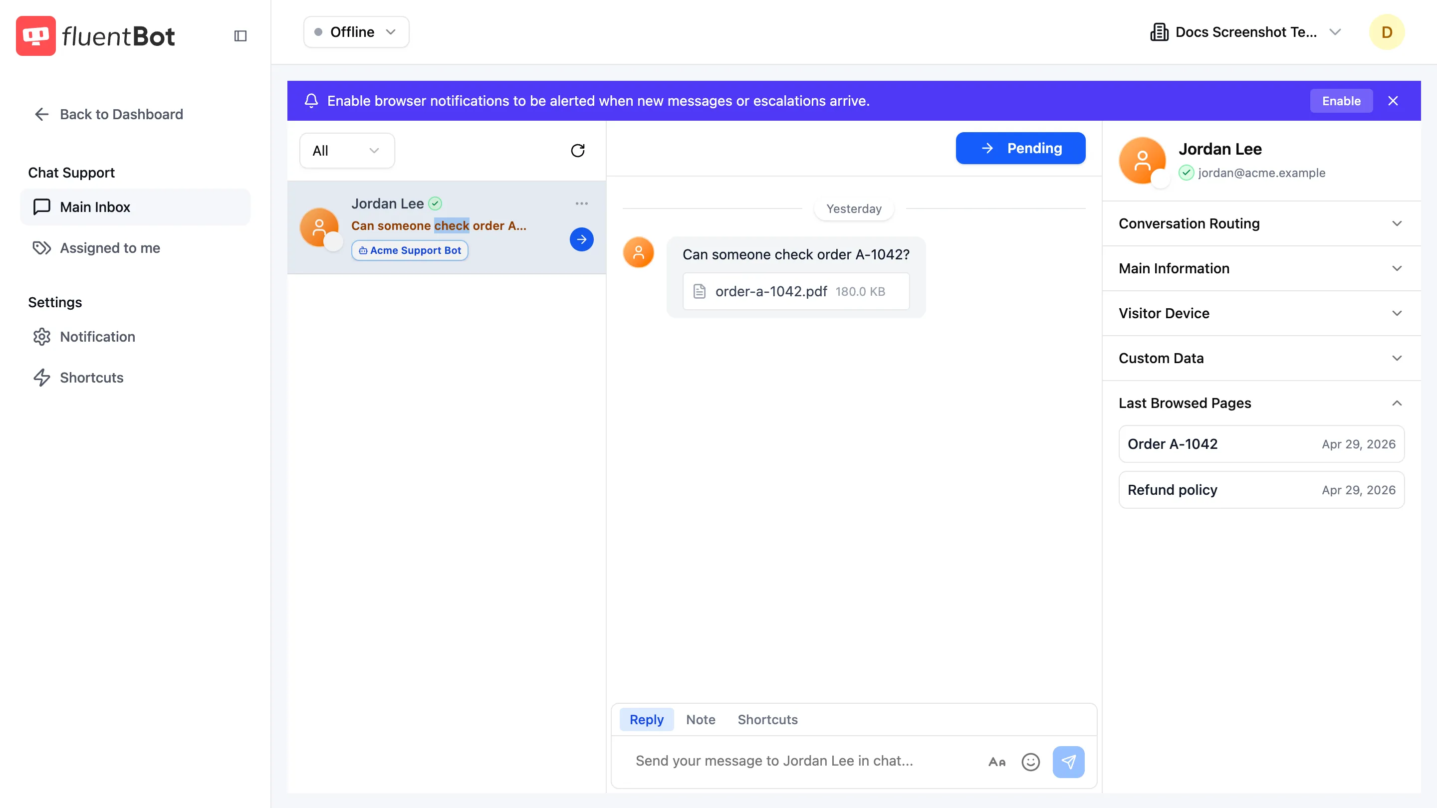 Live Chat conversation showing a visitor message with a PDF attachment, the pending status, visitor profile details, and the agent composer