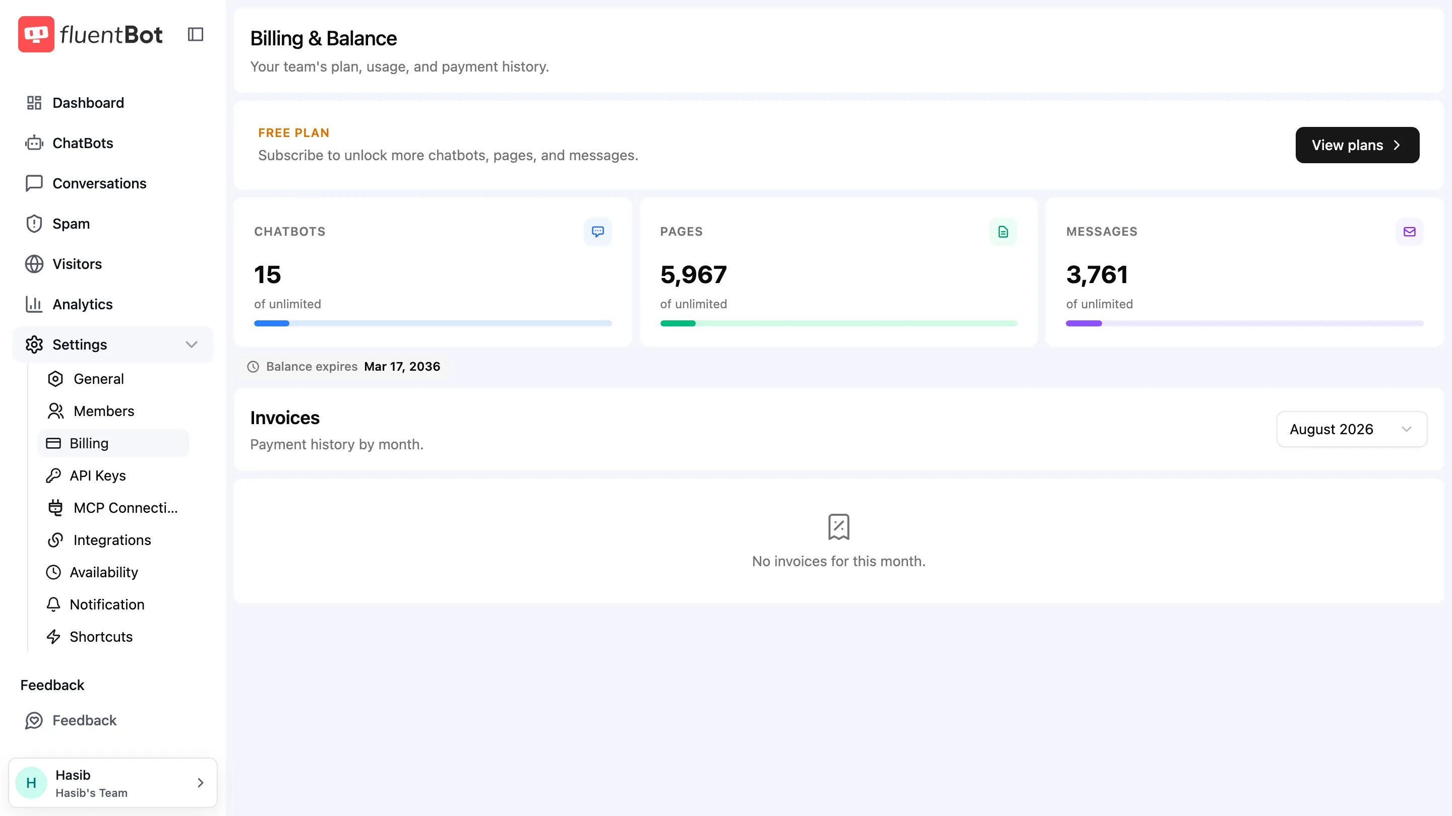 Billing & Balance page showing the Growth plan, usage cards for chatbots, pages, and messages, balance expiry, and Manage billing button