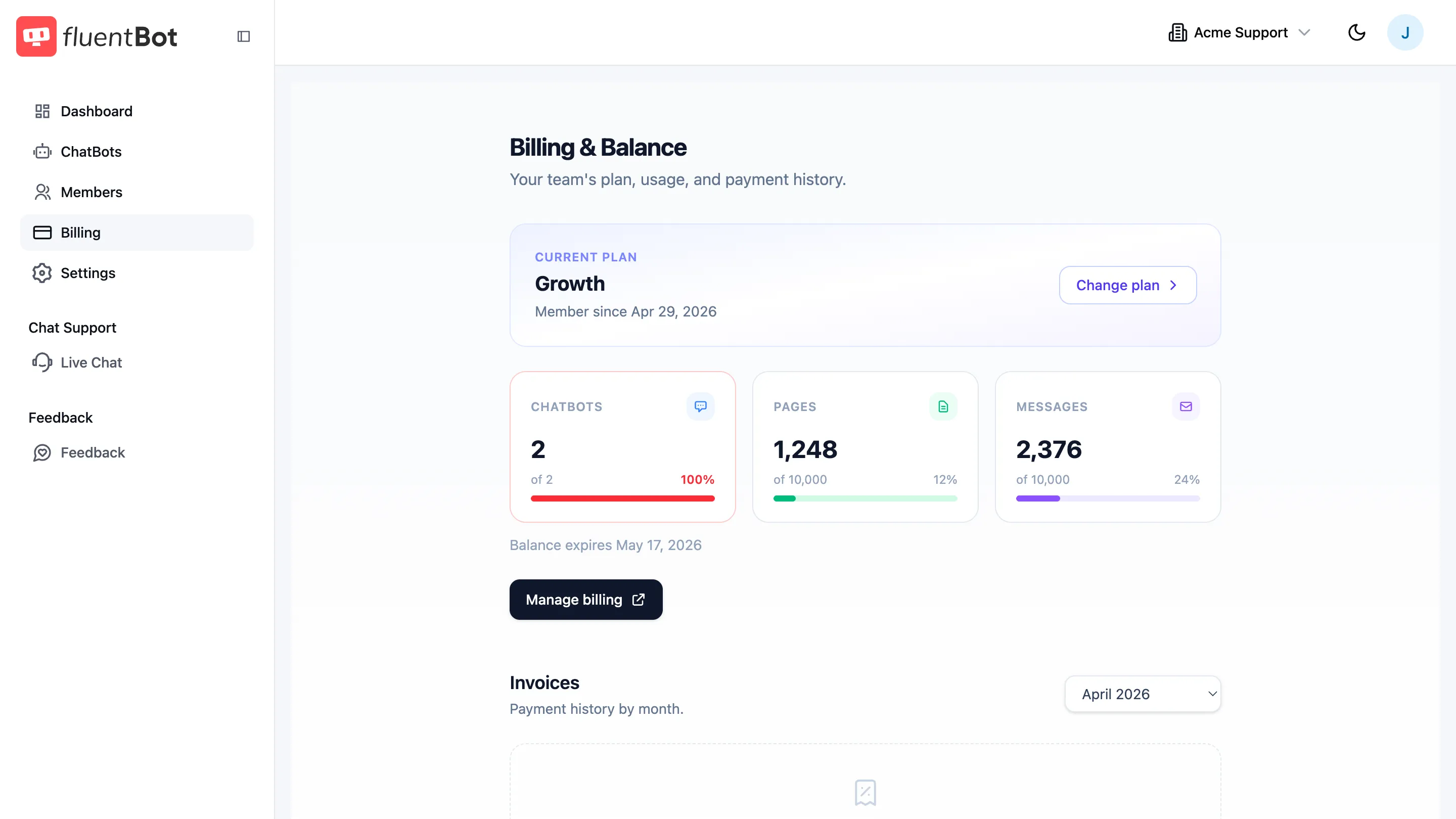 Billing & Balance page showing the Growth plan, usage cards for chatbots, pages, and messages, balance expiry, and Manage billing button