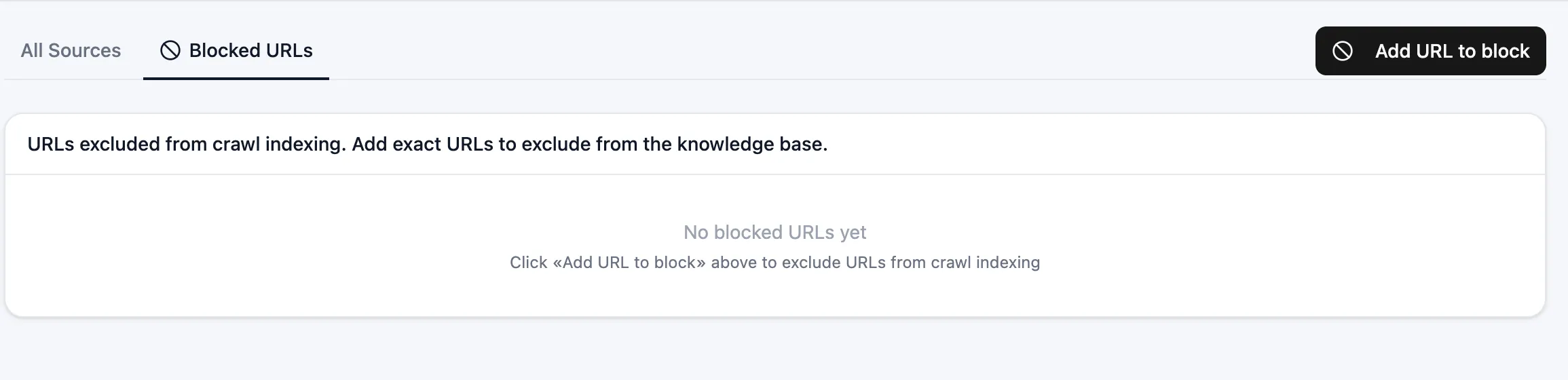 Blocked URLs tab with an Add URL to block button and an empty-state message for URLs excluded from crawl indexing