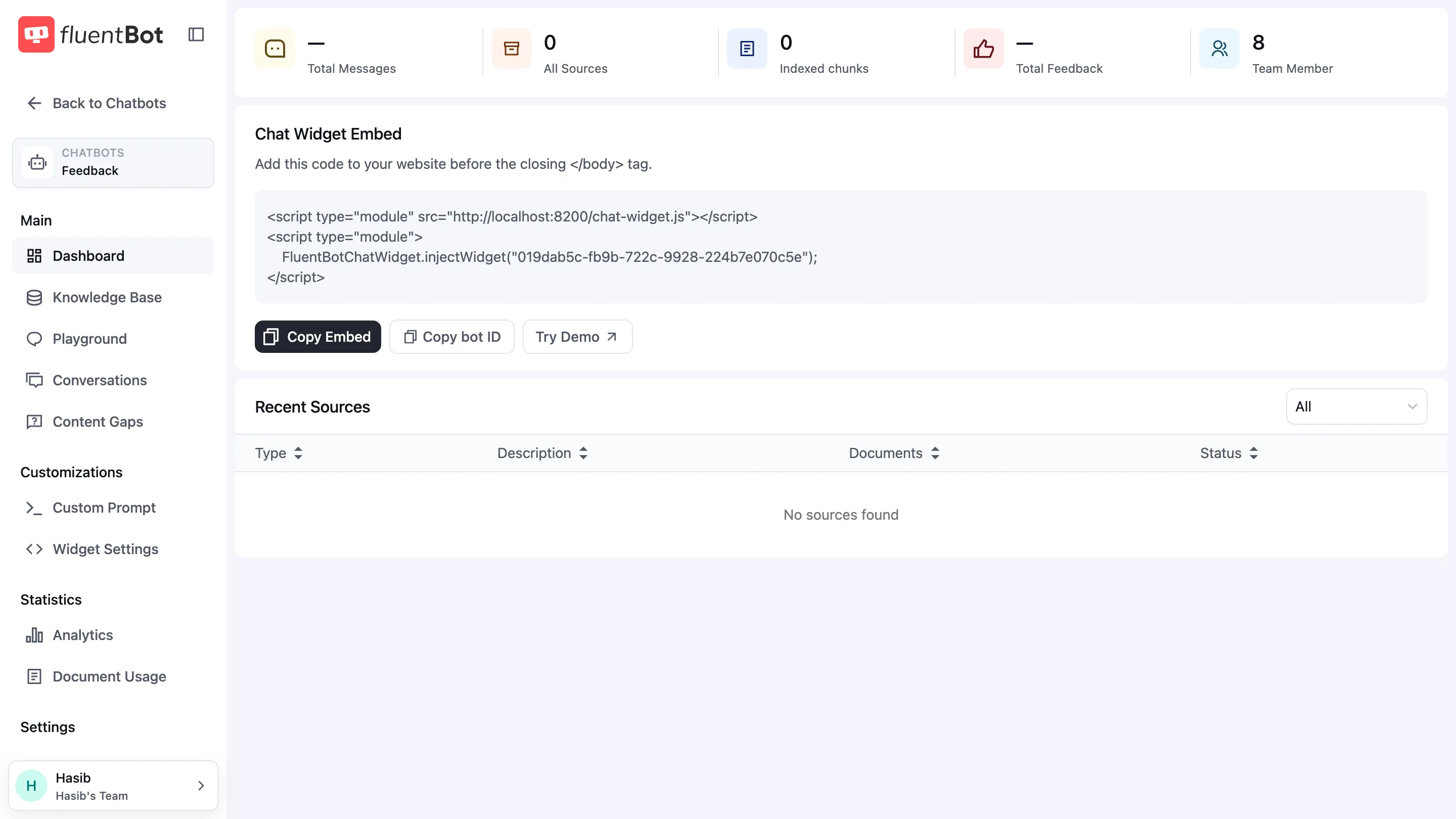 Fresh bot dashboard with zeroed stats cards, the Chat Widget Embed snippet with Copy Embed, Copy bot ID and Try Demo buttons, and an empty Recent Sources table