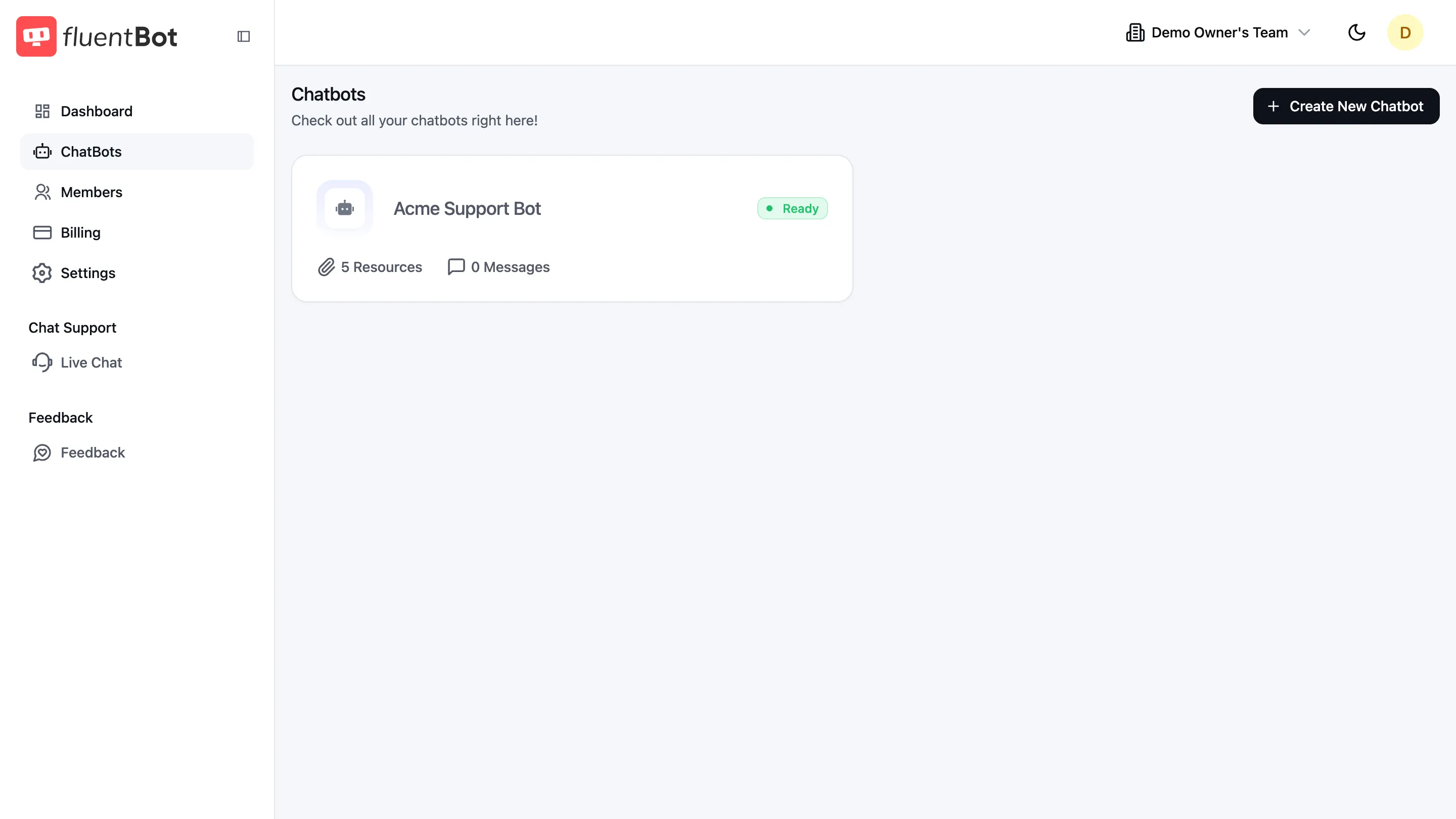 ChatBots page with one bot card (Acme Support Bot, status Ready, 2 Resources, 0 Messages) and a Create New Chatbot button top-right