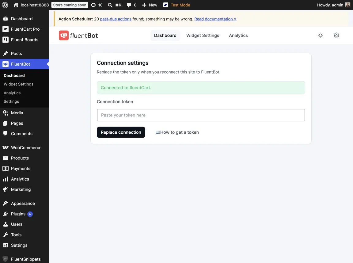 FluentChat Connector connection settings in WordPress, showing the connection token field and Replace connection button