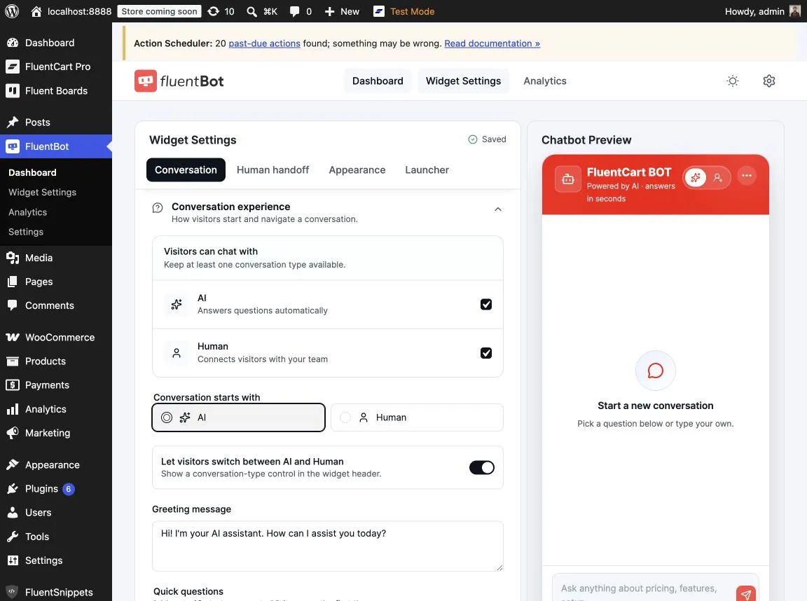 FluentChat Connector Widget Settings in WordPress with conversation controls and an interactive chatbot preview