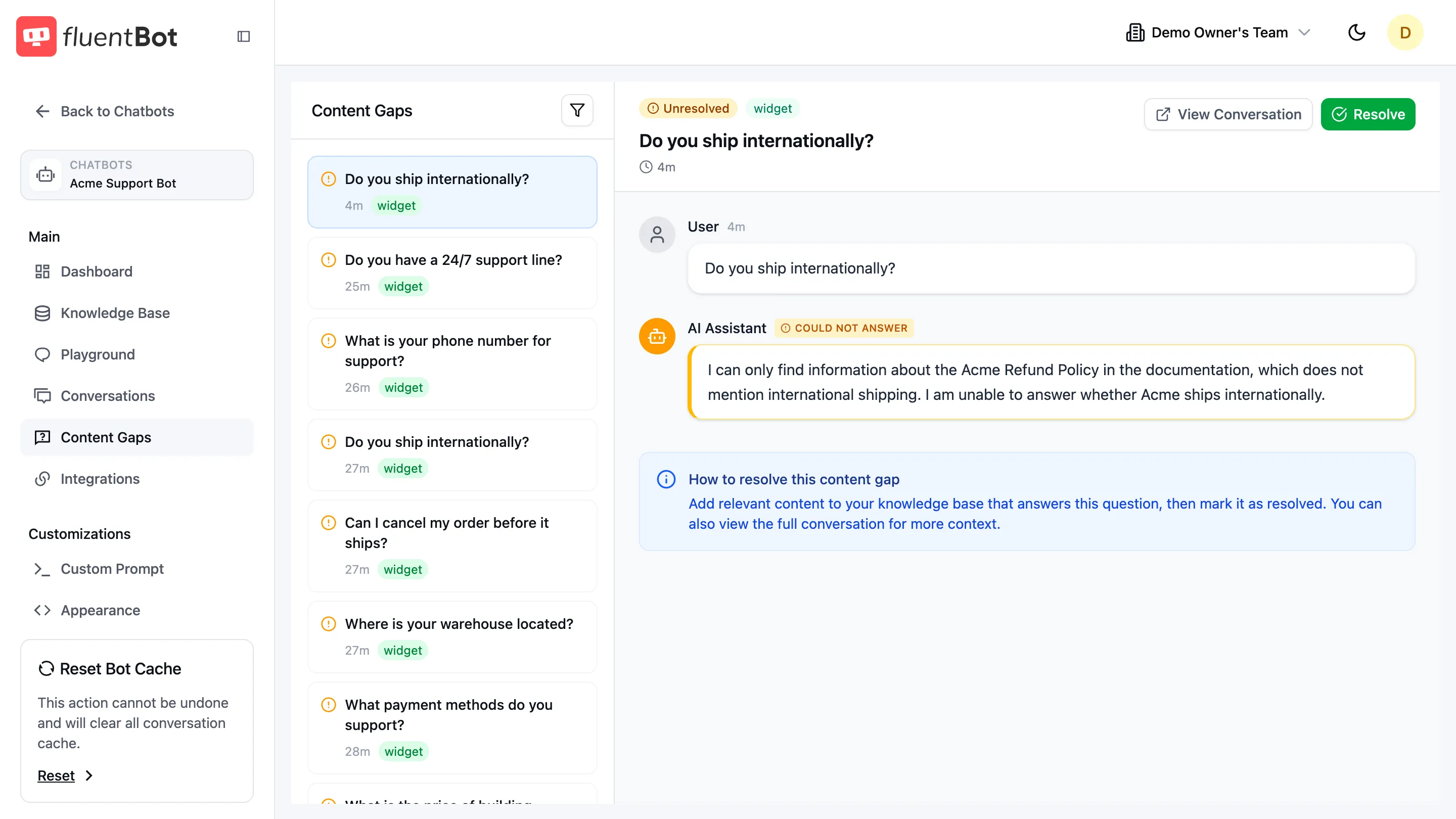 Content Gaps page with one Unresolved gap selected — visitor question and AI 'COULD NOT ANSWER' fallback shown, plus Resolve and View Conversation buttons