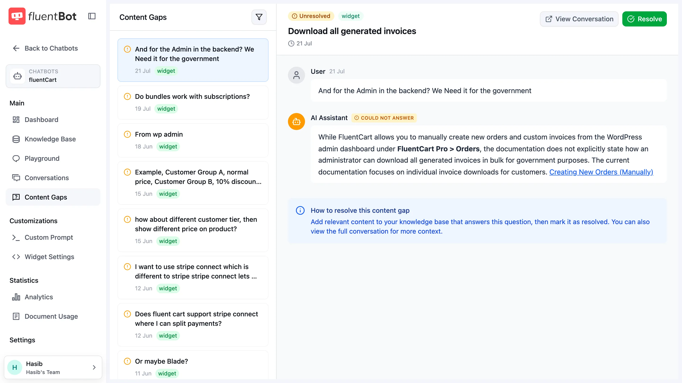 Content Gaps page with unresolved questions in the list, one selected gap, the bot's unable-to-answer reply, and Resolve and View Conversation controls