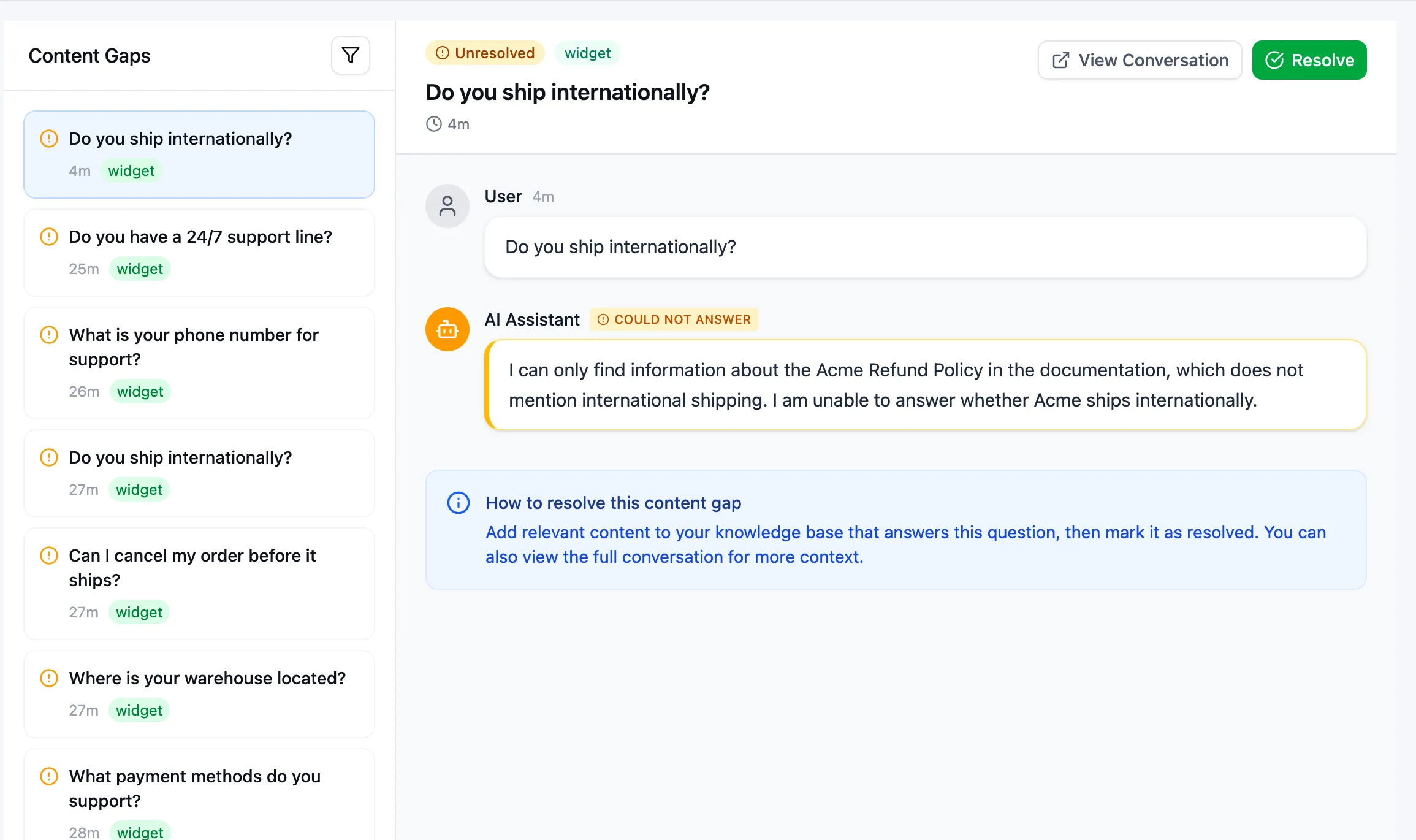 Content Gaps page with unresolved questions in the list, one selected gap, the bot's unable-to-answer reply, and Resolve and View Conversation controls