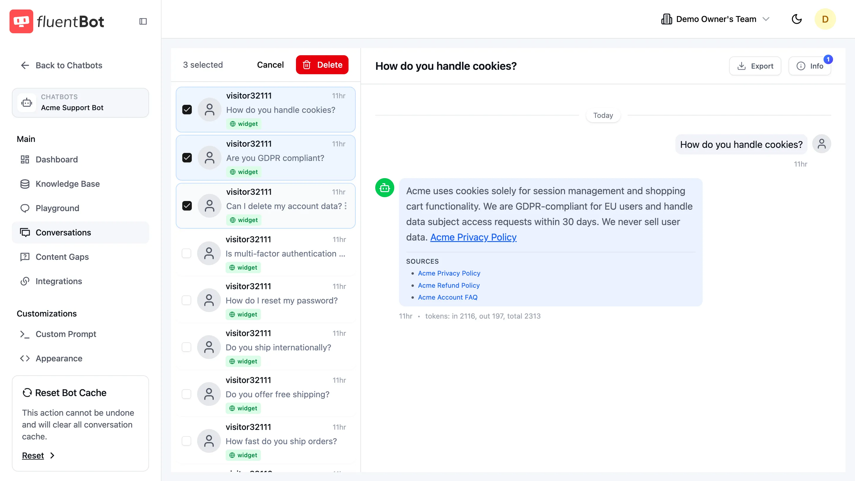Conversations page in selection mode — '3 selected' header, Cancel and Delete buttons, checkboxes ticked on three rows in the rail
