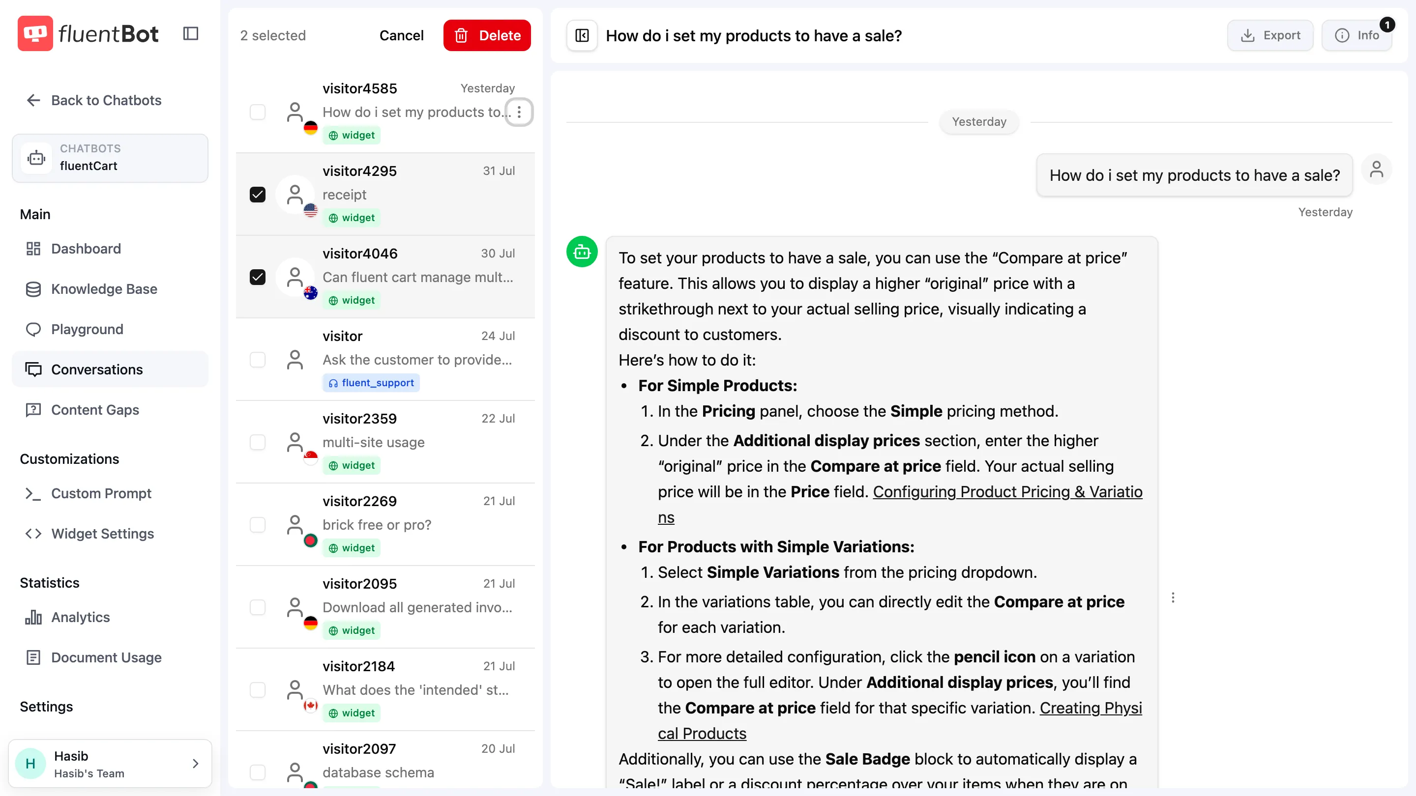 Conversations page in selection mode — '3 selected' header, Cancel and Delete buttons, checkboxes ticked on three rows in the rail