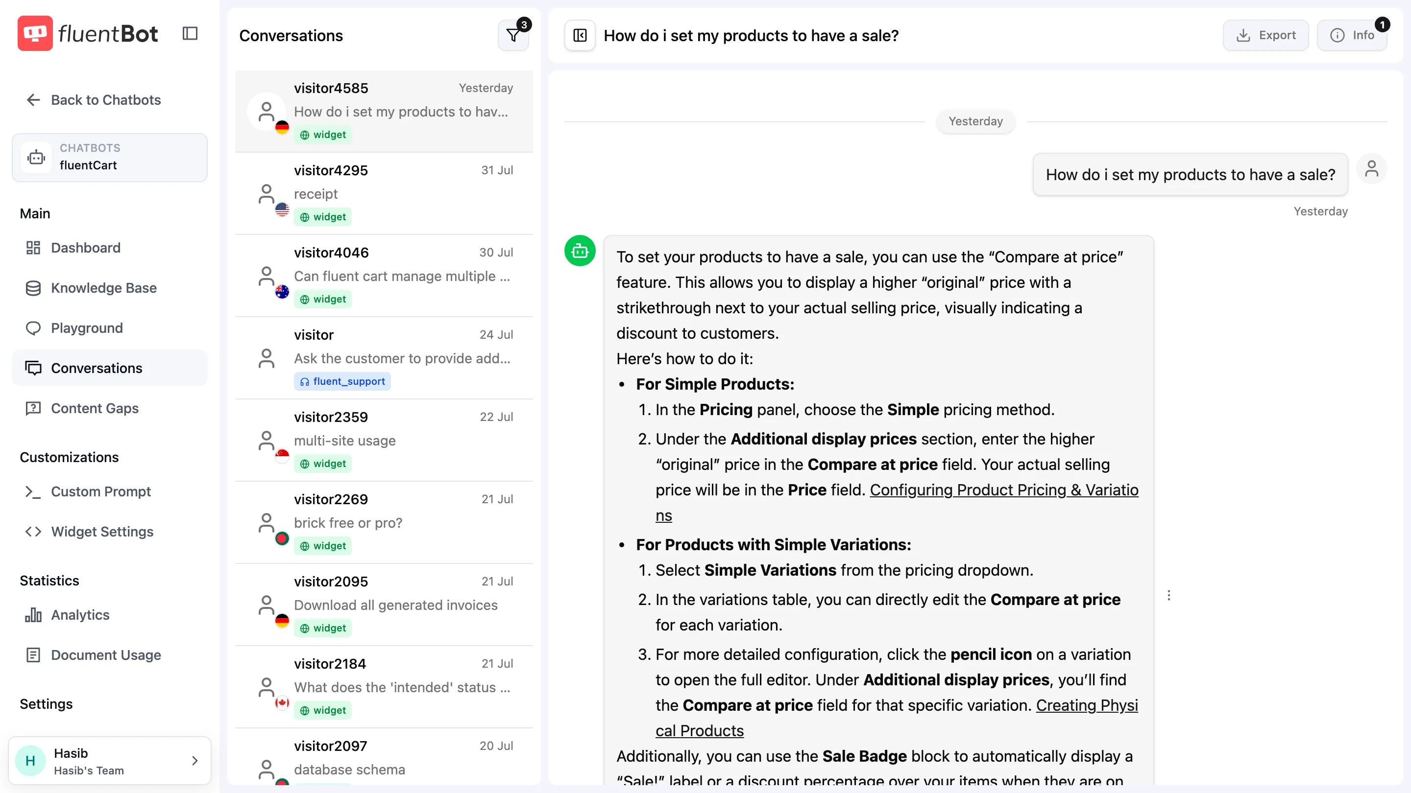 Conversations page with visitor chat rows in the left rail and the selected conversation transcript on the right showing visitor message, bot reply, and Sources citation