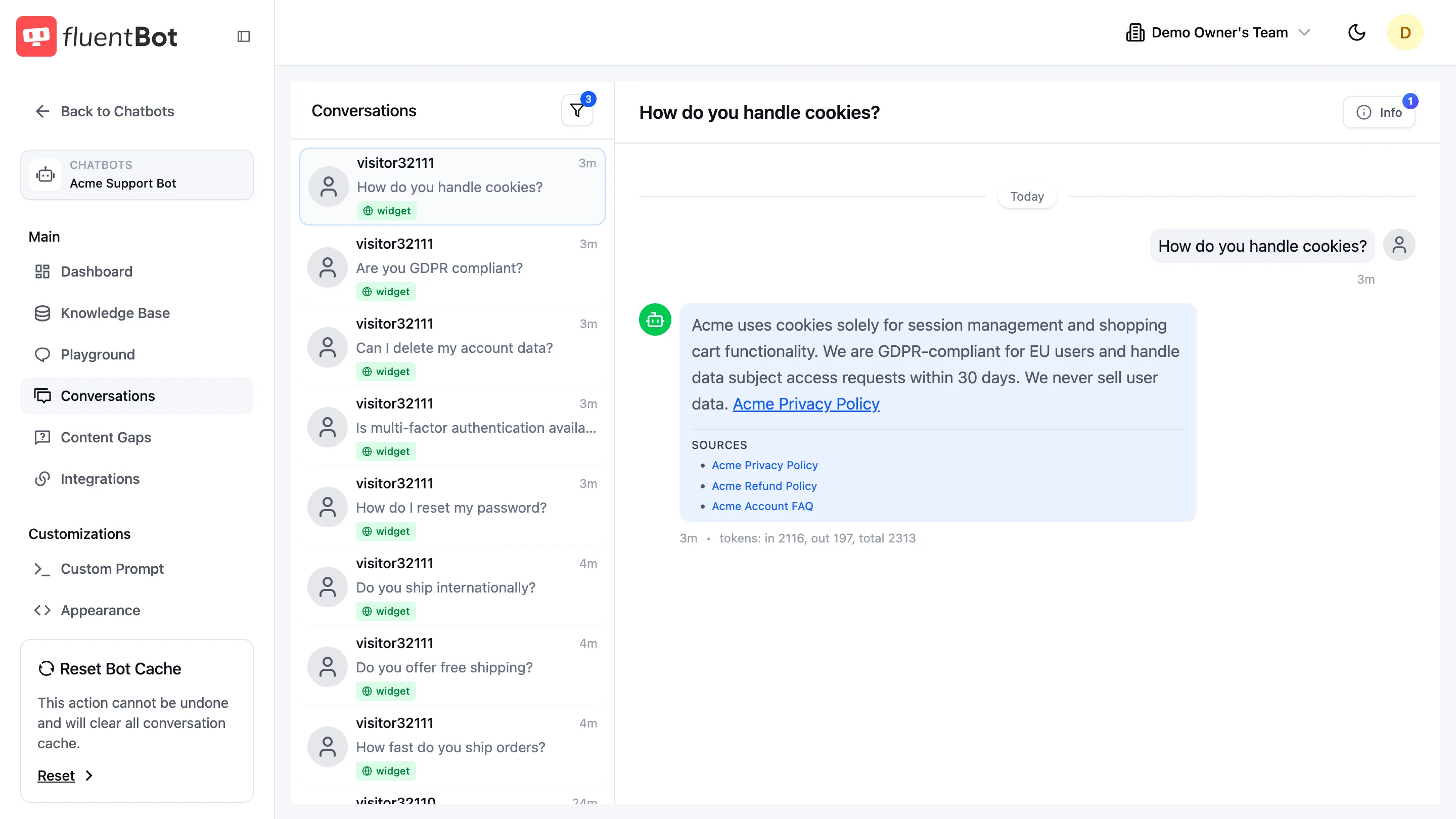 Conversations page with visitor chat rows in the left rail and the selected conversation transcript on the right showing visitor message, bot reply, and Sources citation