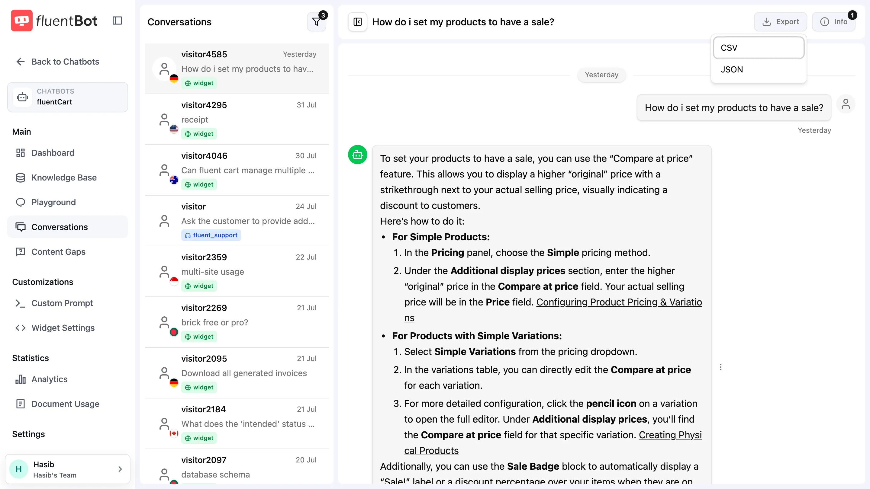 Open conversation transcript with the Export conversation popover showing CSV and JSON download buttons