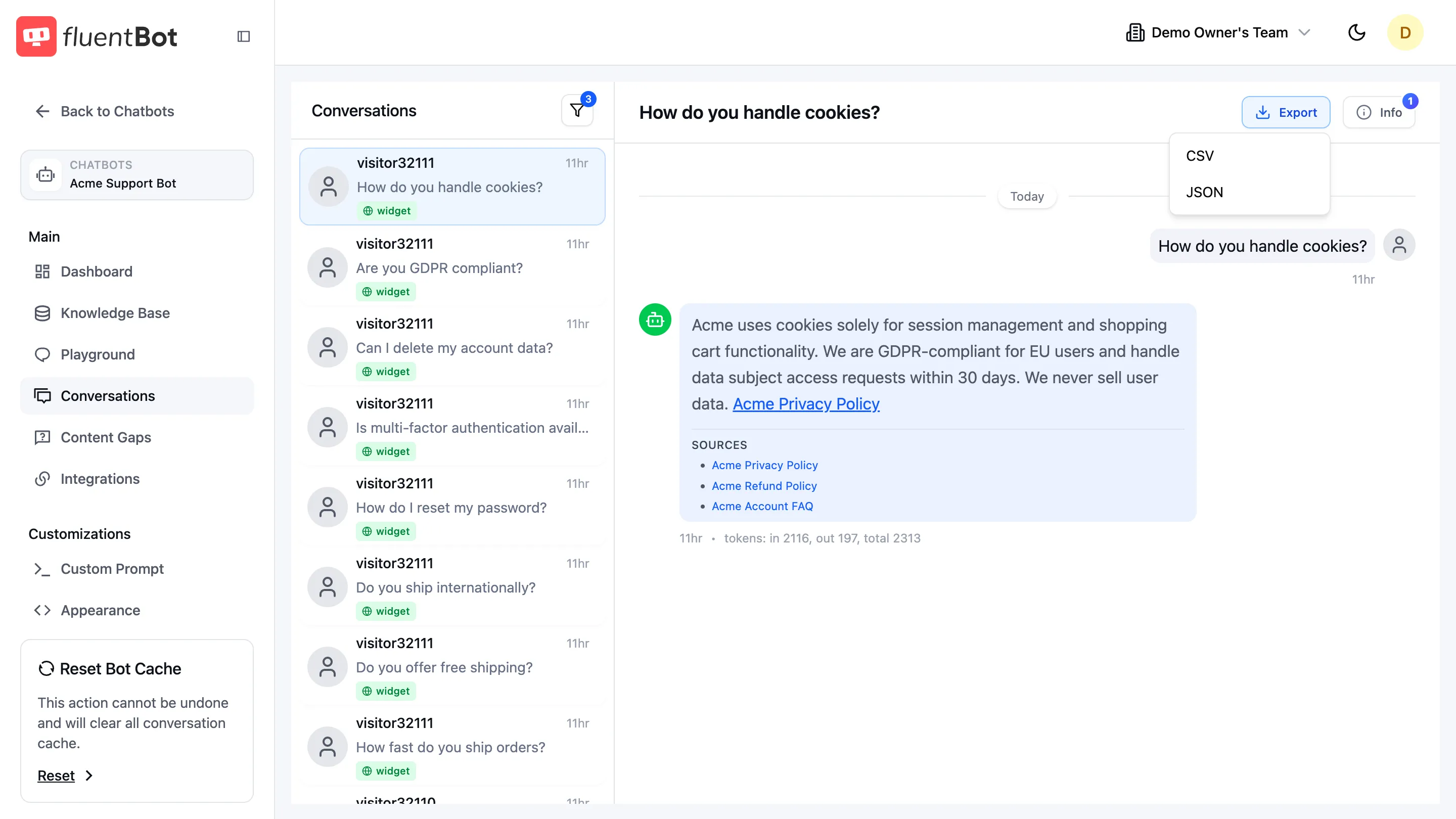 Open conversation transcript with the Export conversation popover showing CSV and JSON download buttons