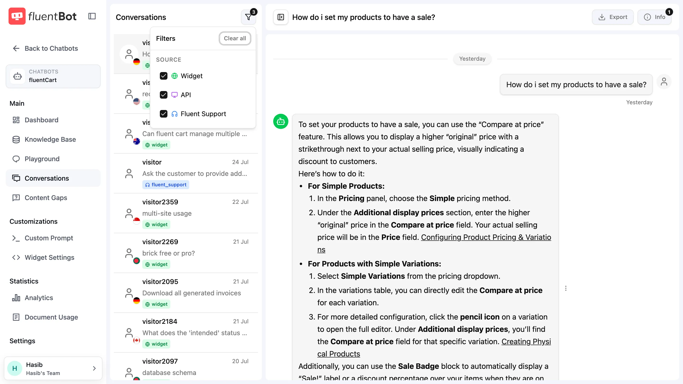 Filter conversations dialog with three SOURCE checkboxes — Widget, API, Fluent Support — all checked by default