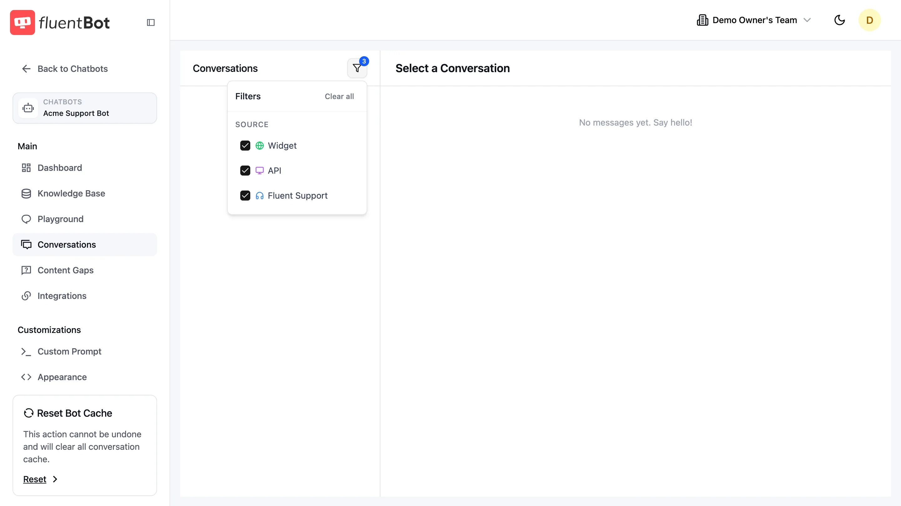 Filter conversations dialog with three SOURCE checkboxes — Widget, API, Fluent Support — all checked by default