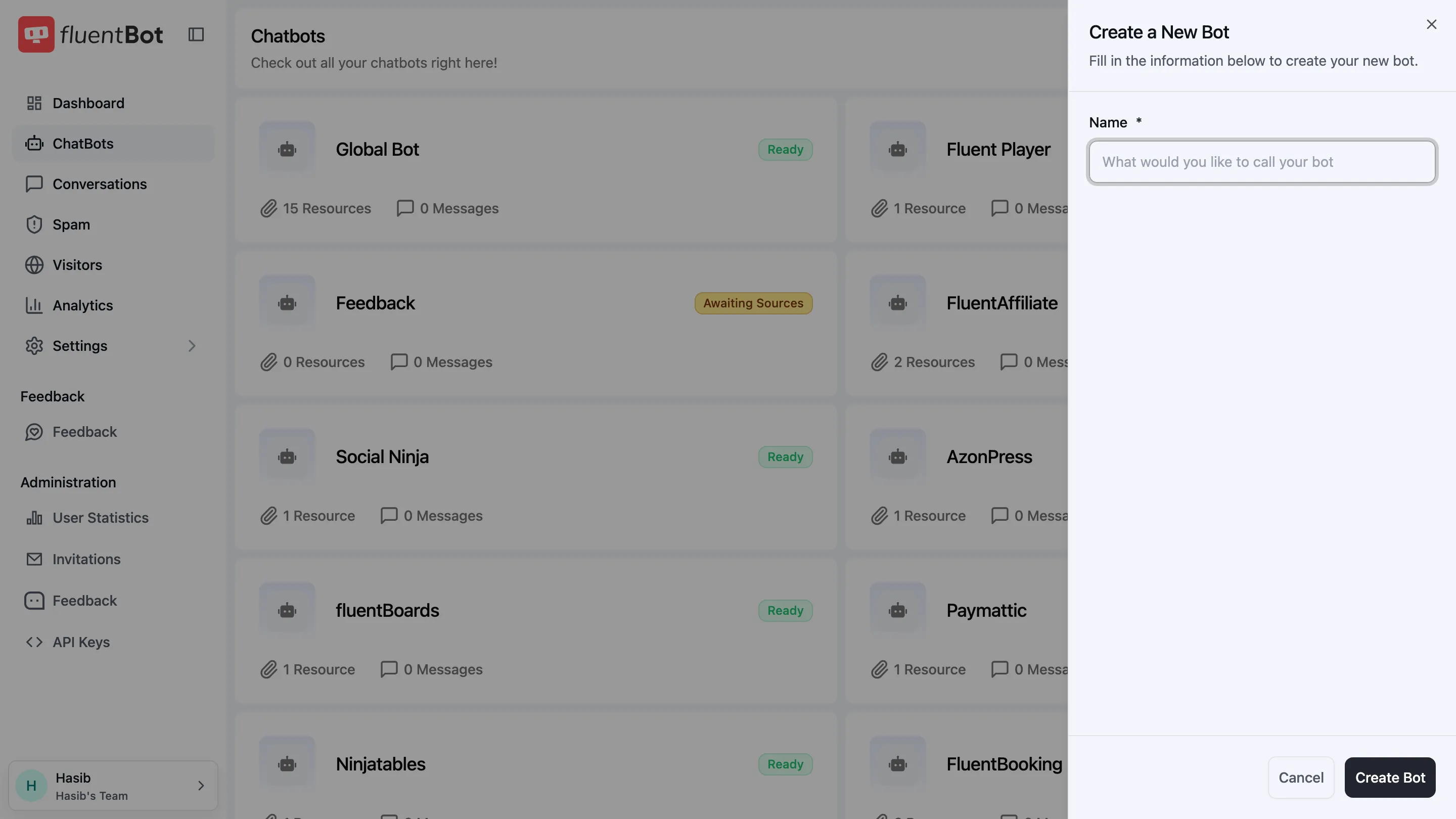 Create a New Bot side panel with the Name field and Create Bot button