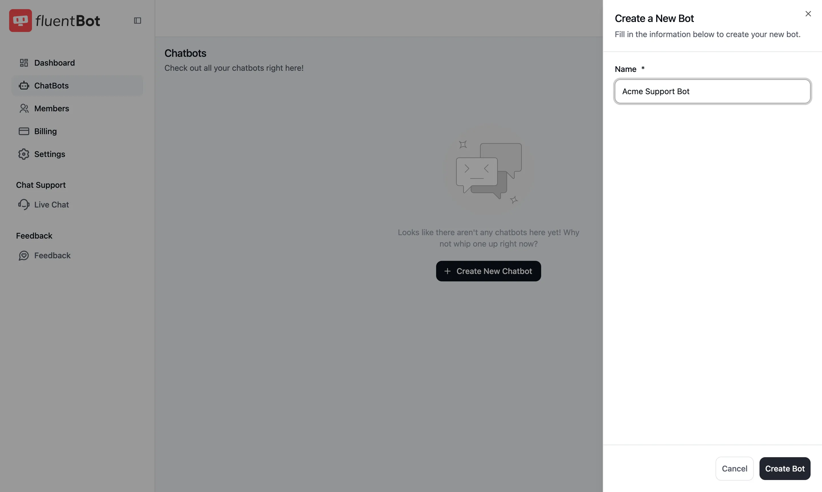 Create-bot side panel with the Name field filled in
