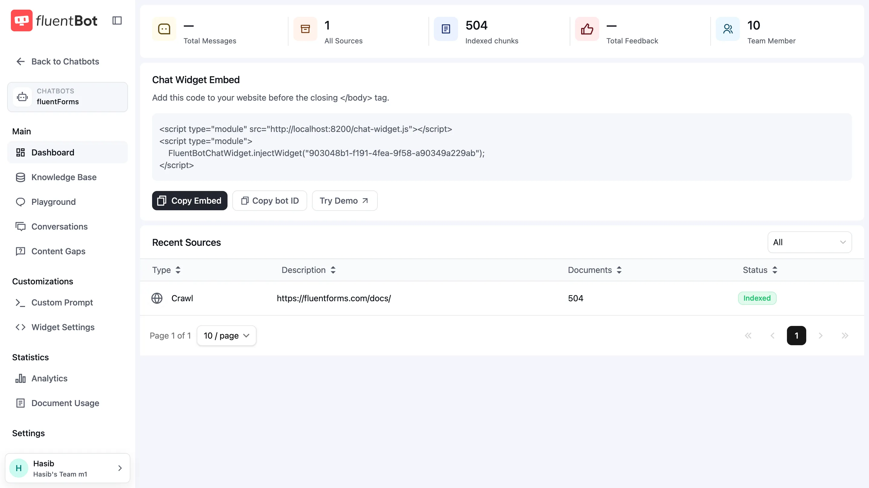 Bot Dashboard with Chat Widget Embed section showing two script tags and Copy Embed button