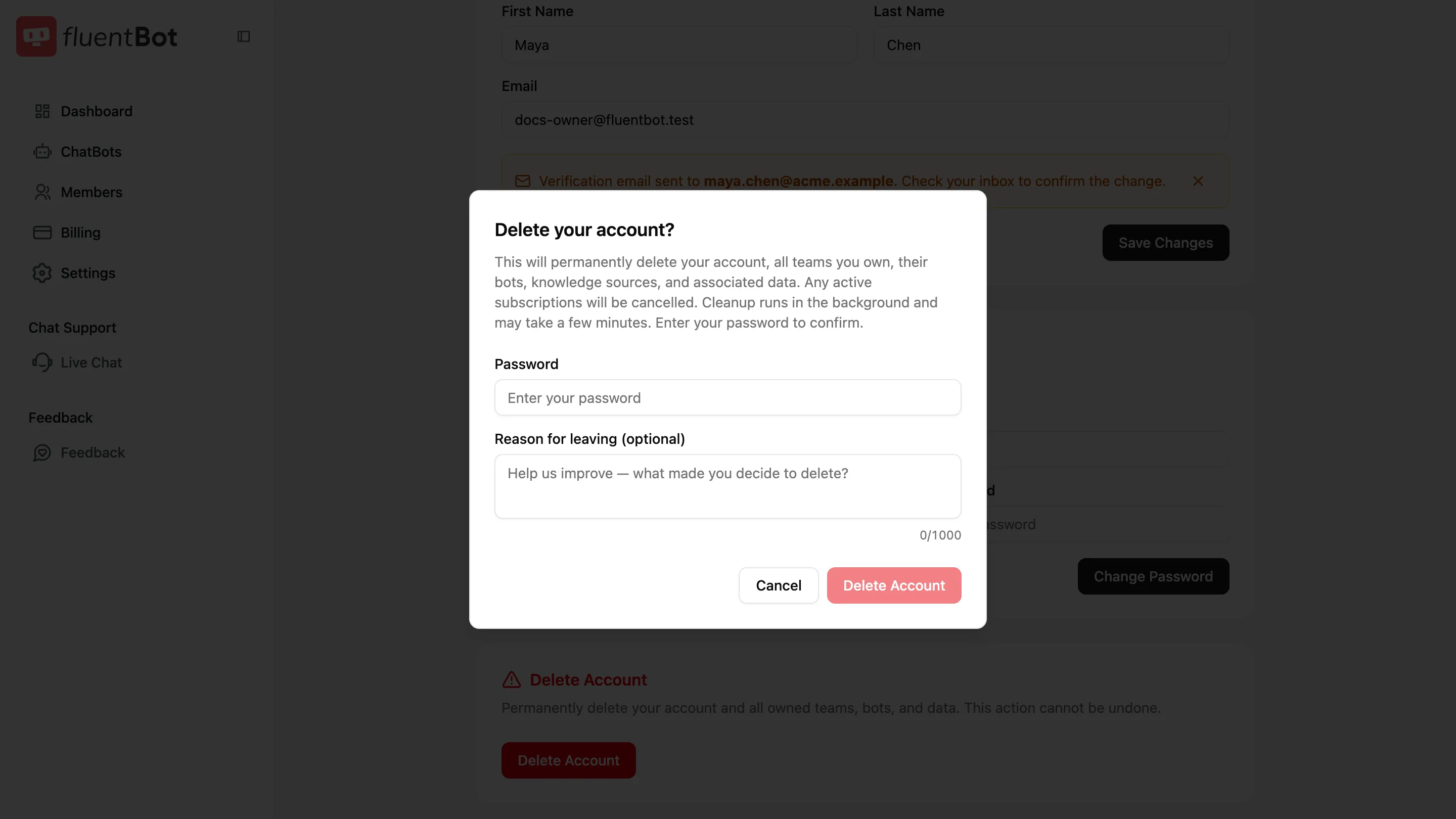 Delete account confirmation dialog with password field, optional reason field, Cancel button, and Delete Account button