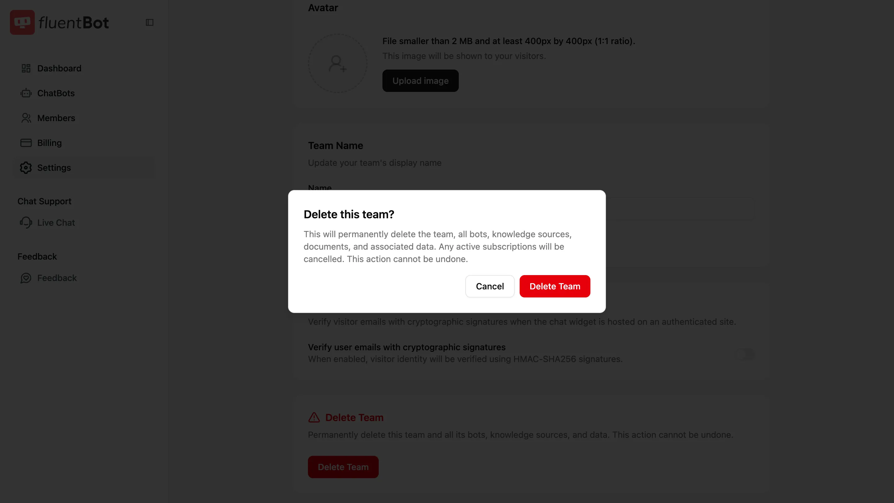 Delete this team confirmation dialog explaining that the team, bots, knowledge sources, documents, associated data, and active subscriptions will be removed