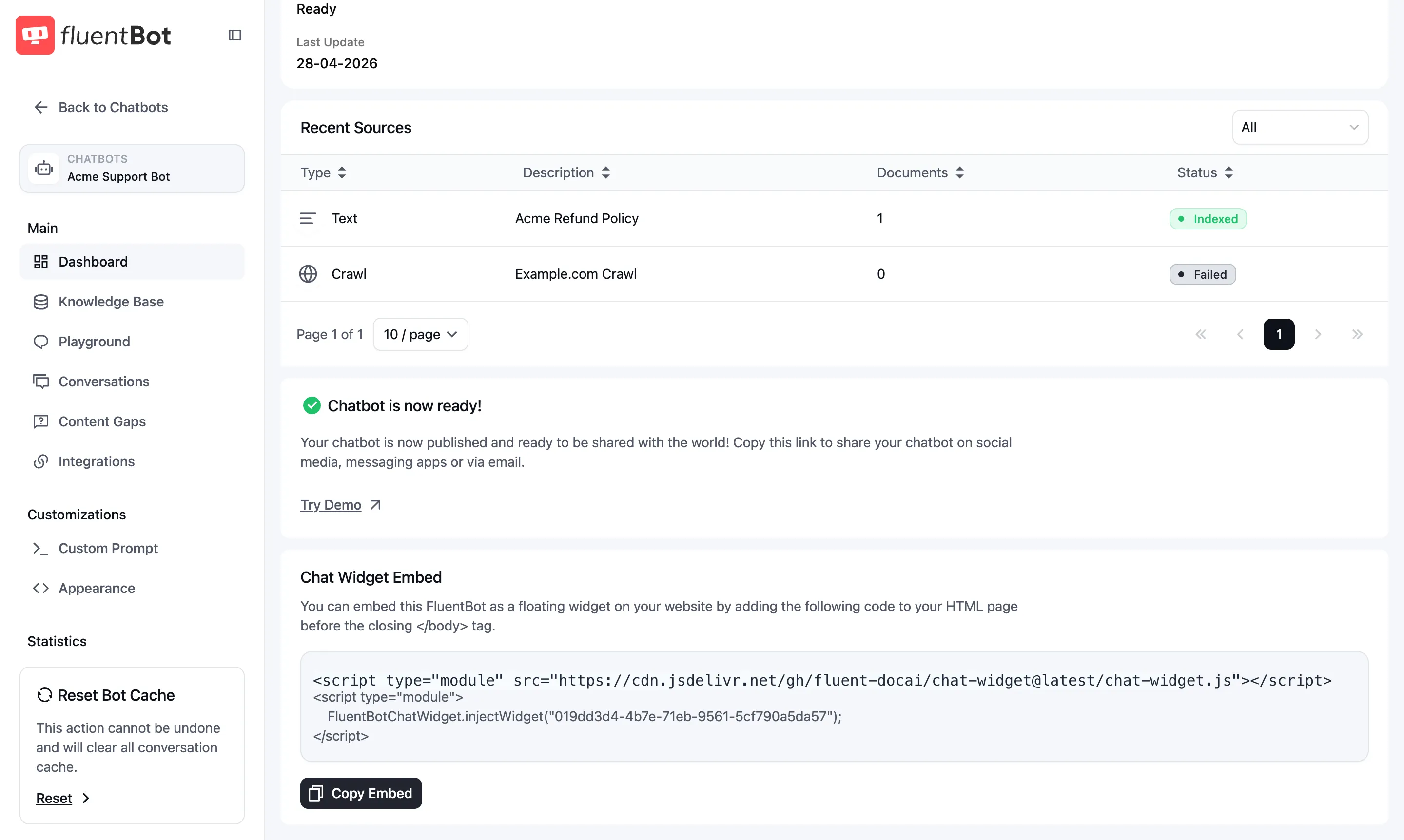 Bot Dashboard with Chat Widget Embed section showing two script tags and Copy Embed button