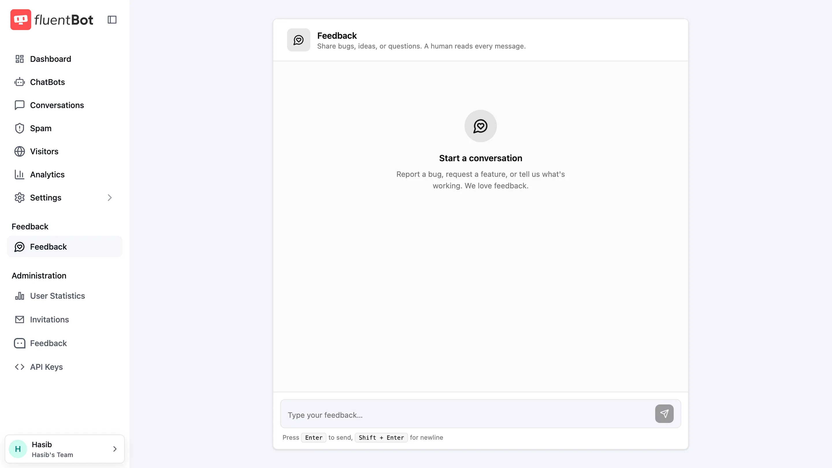 Feedback page with the product feedback thread panel and message composer