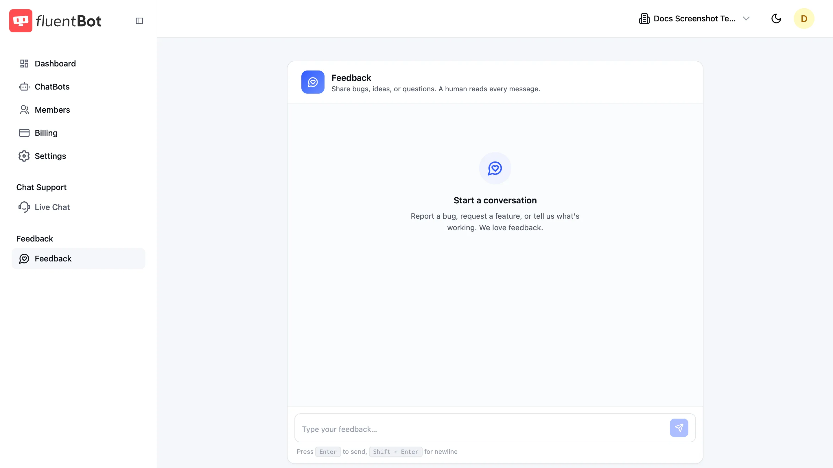 Feedback page with the product feedback thread panel and message composer