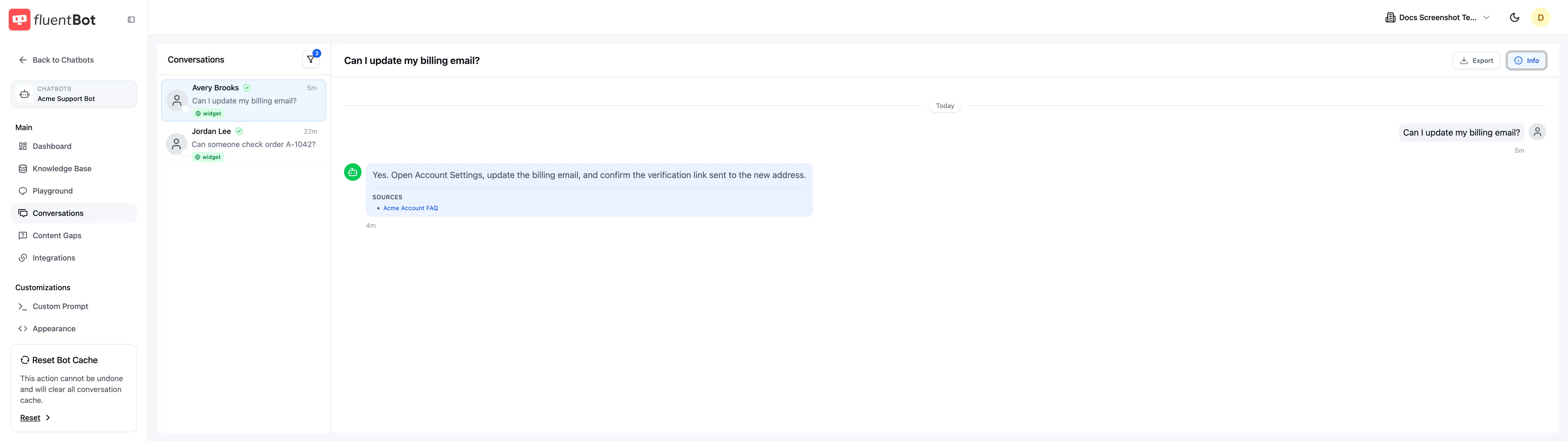 Conversations page showing identified visitors with verified identity badges next to their names