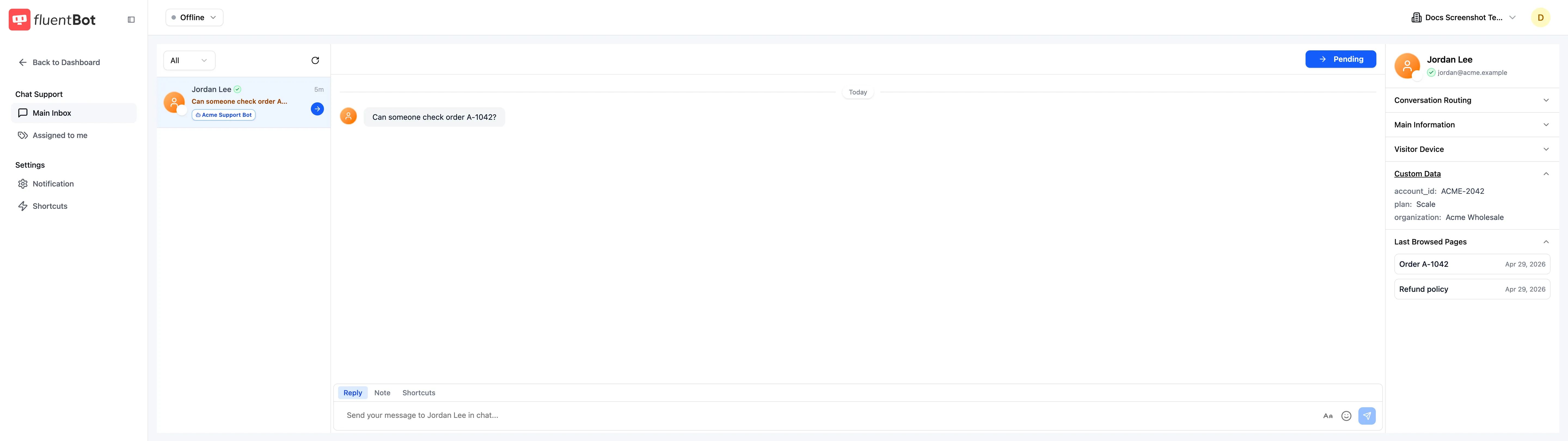 Live Chat visitor panel showing an identified visitor email, verified status, and custom identity data