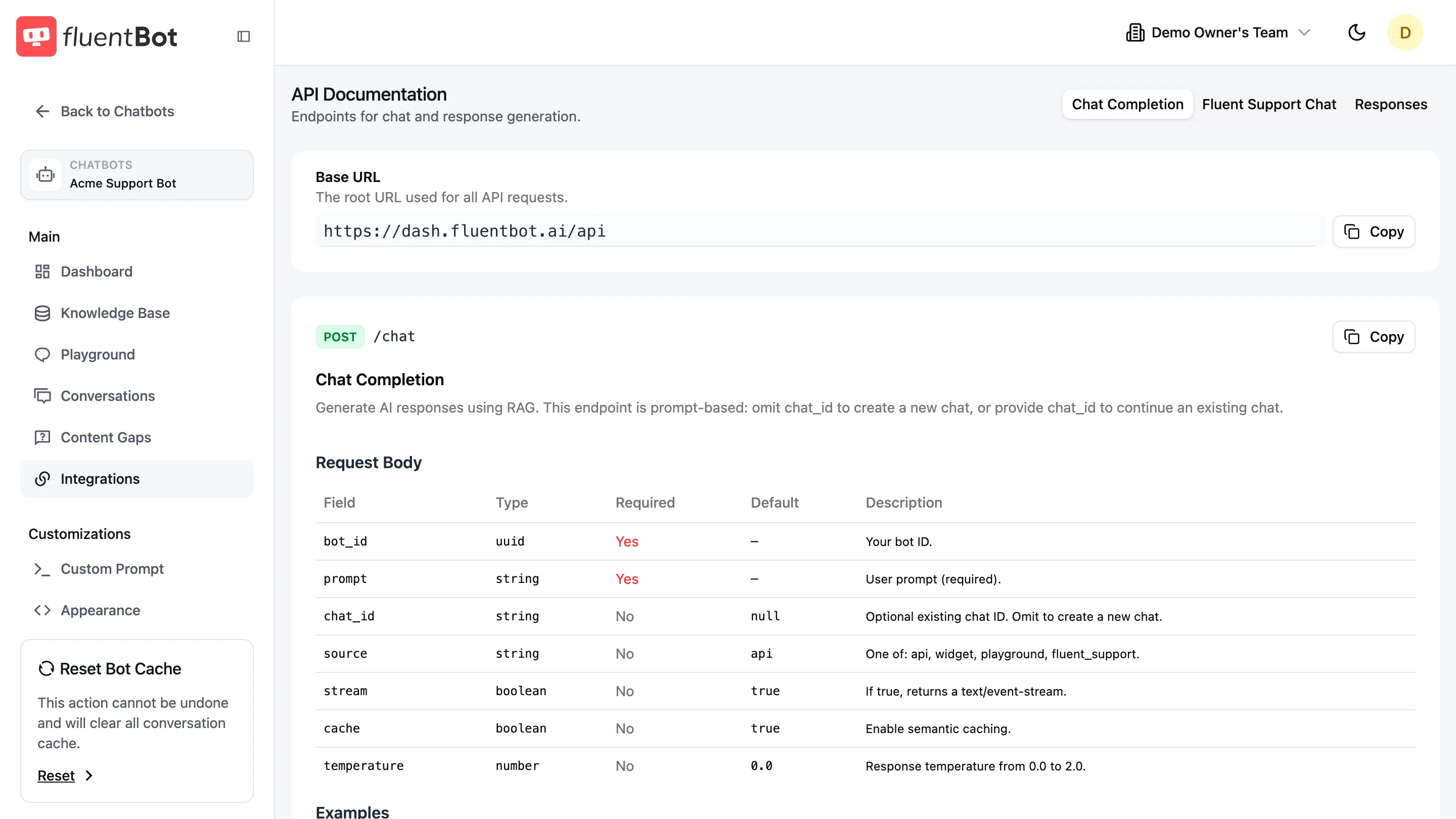 Integration / API Documentation page with Base URL, endpoint tabs, request body fields, and example request and response blocks