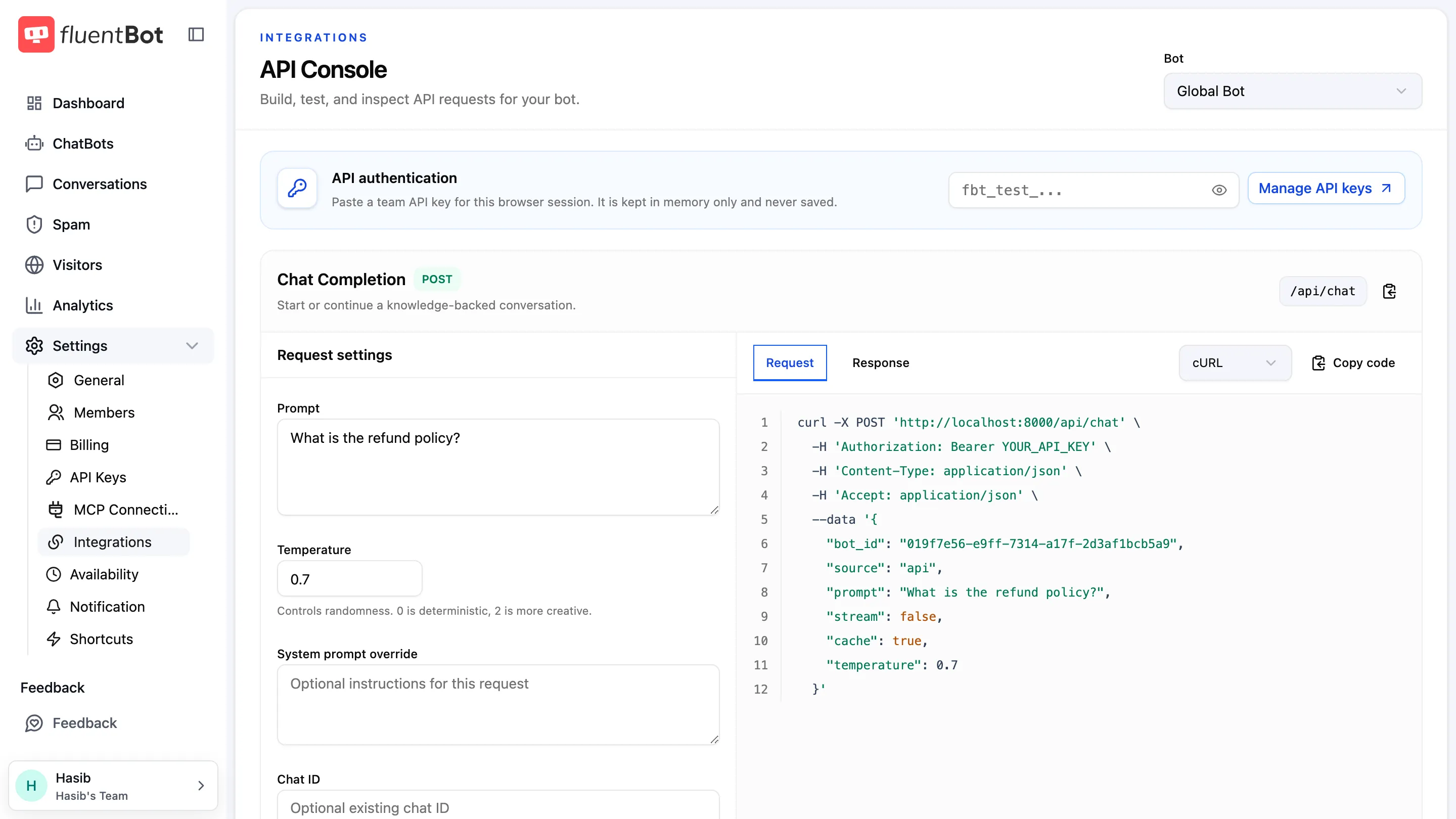 Integrations API Console with bot picker, API authentication field, and Chat Completion endpoint with request settings and cURL example