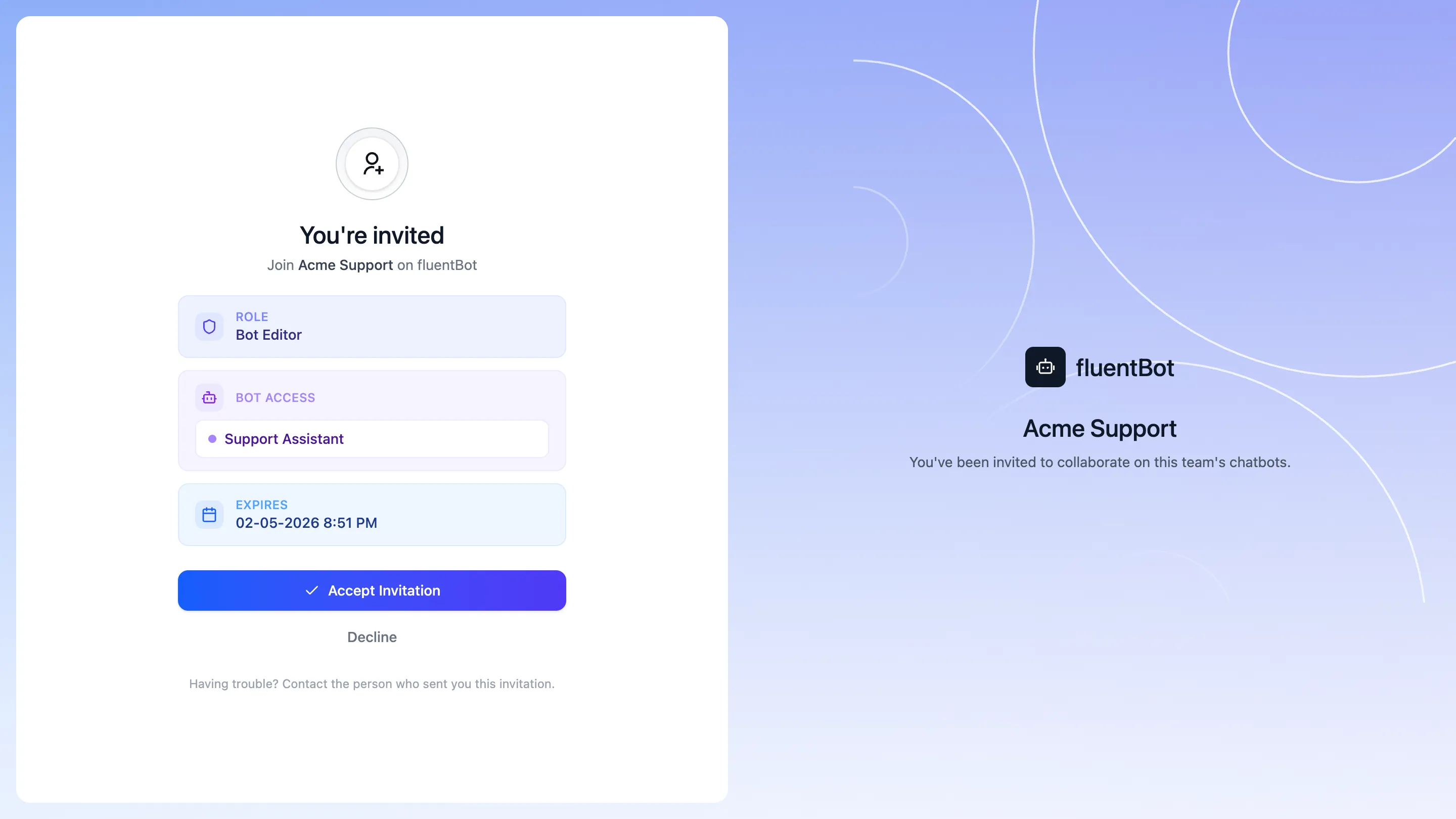 Invitation page showing the Acme Support team name, Bot Editor role, Support Assistant bot access, expiry date, Accept Invitation button, and Decline button