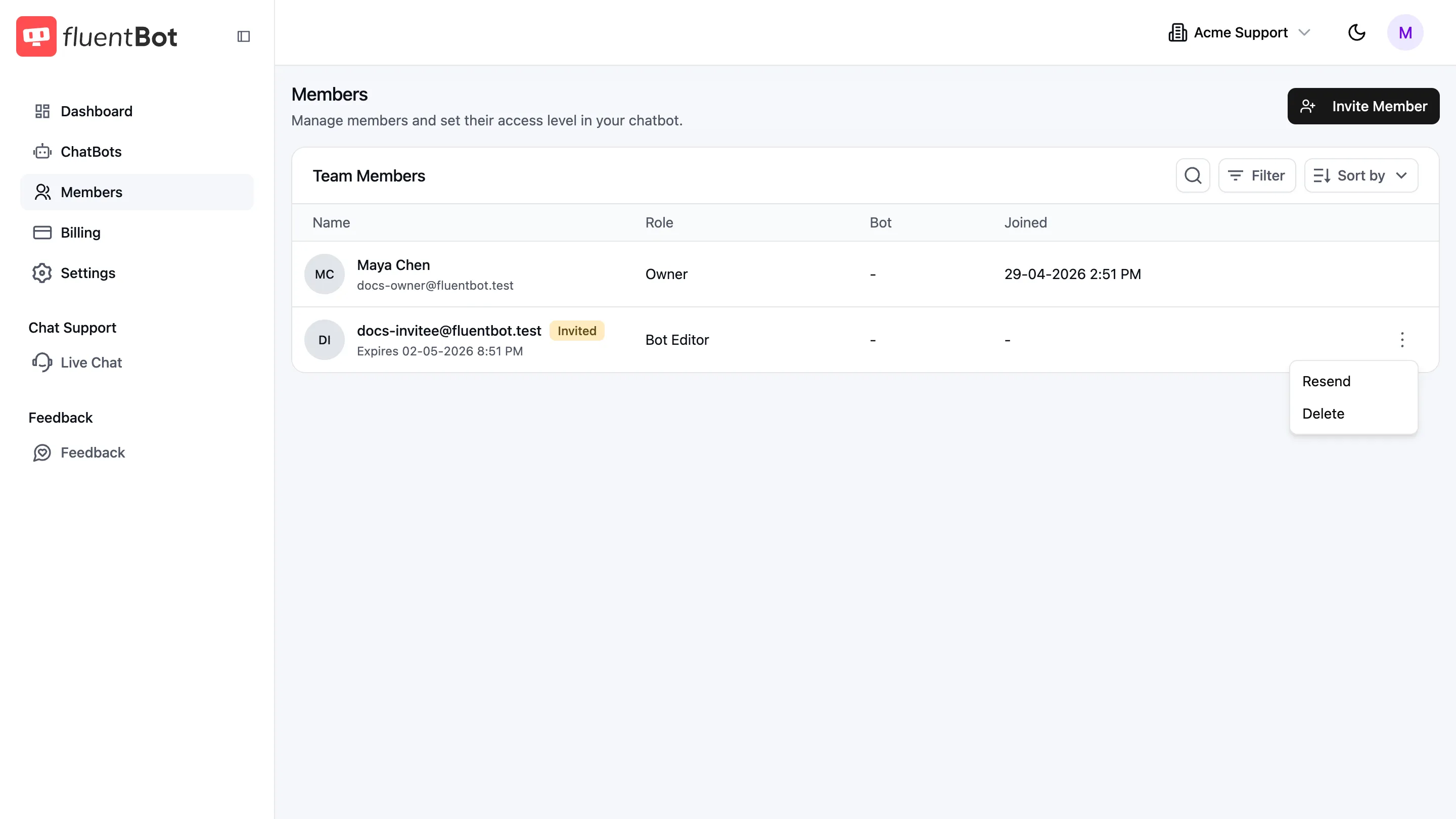 Invitation row actions menu with Resend and Delete options