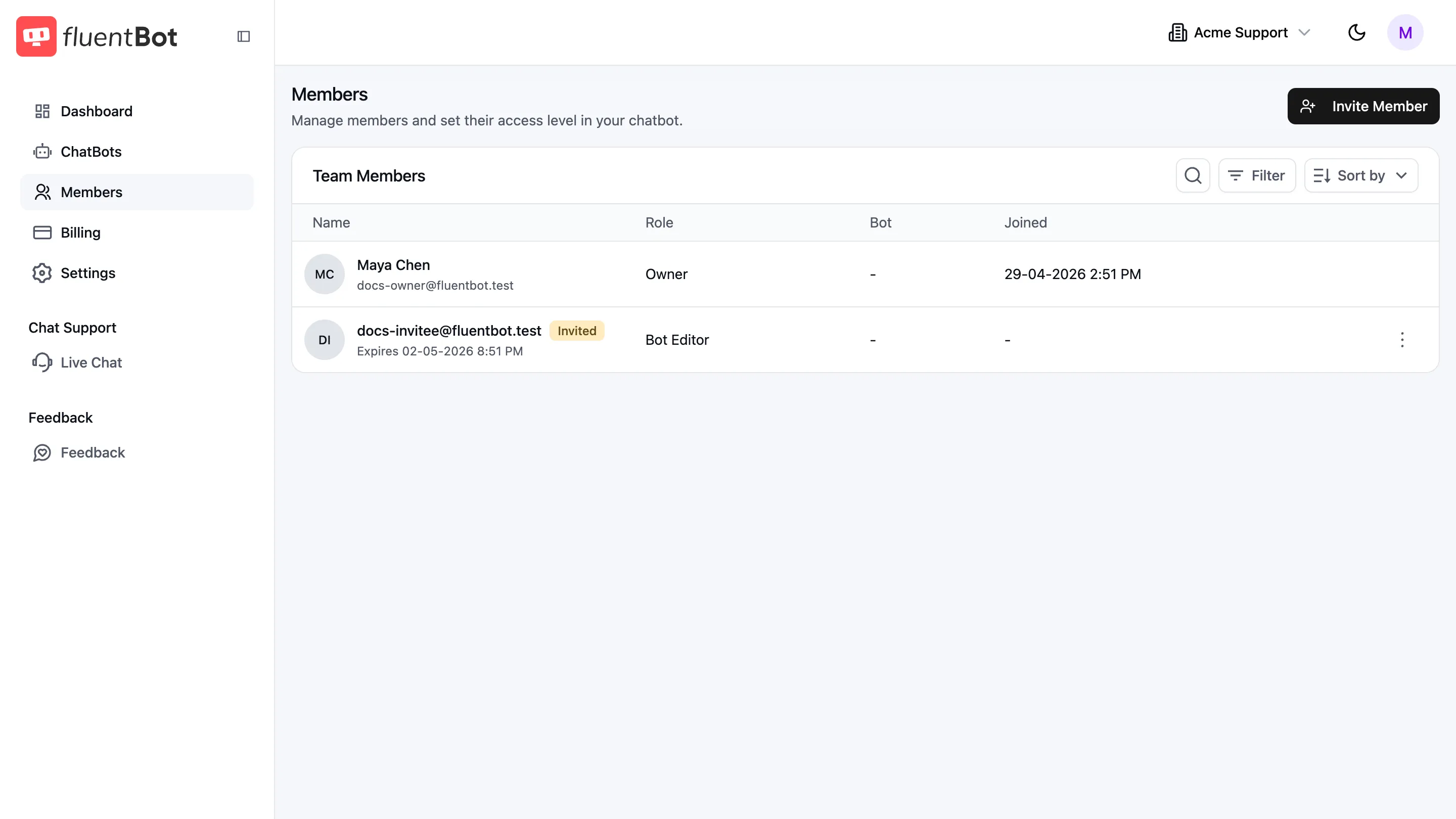 Members page showing an invited teammate row with Invited status, role, expiry date, and actions menu