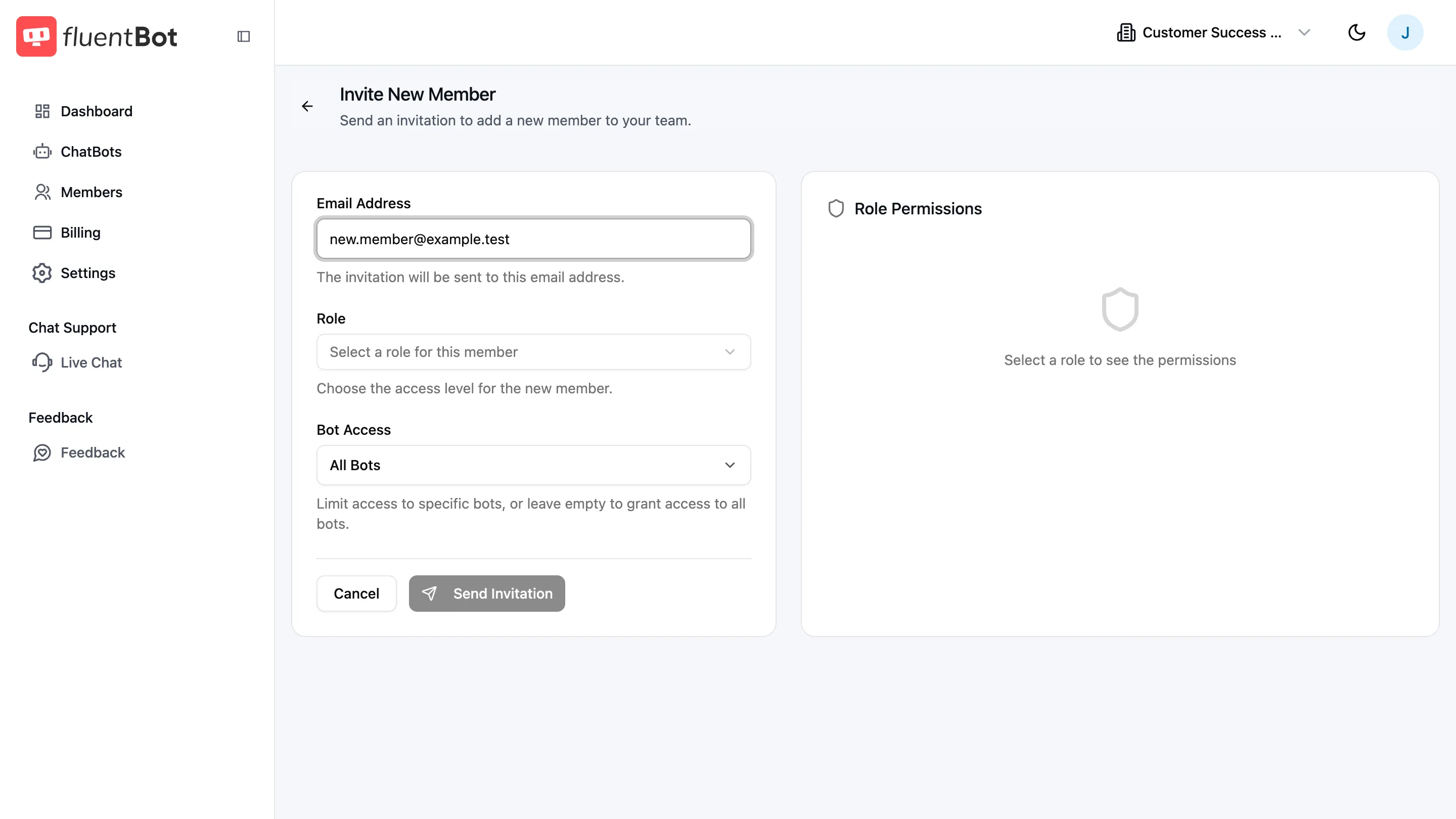 Invite New Member form with Email Address, Role dropdown, and Bot Access selector. Right rail shows Role Permissions preview.